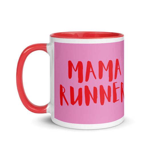 red handled mug with a pink body, in red text the words mama runner. a gift for a mum who loves running, perfect for mothers day. 