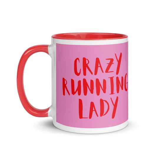 red handled mug with a pink body and the words crazy running lady across the front in a red font. a perfect gift for women who love to run, great gift for mothers day.
