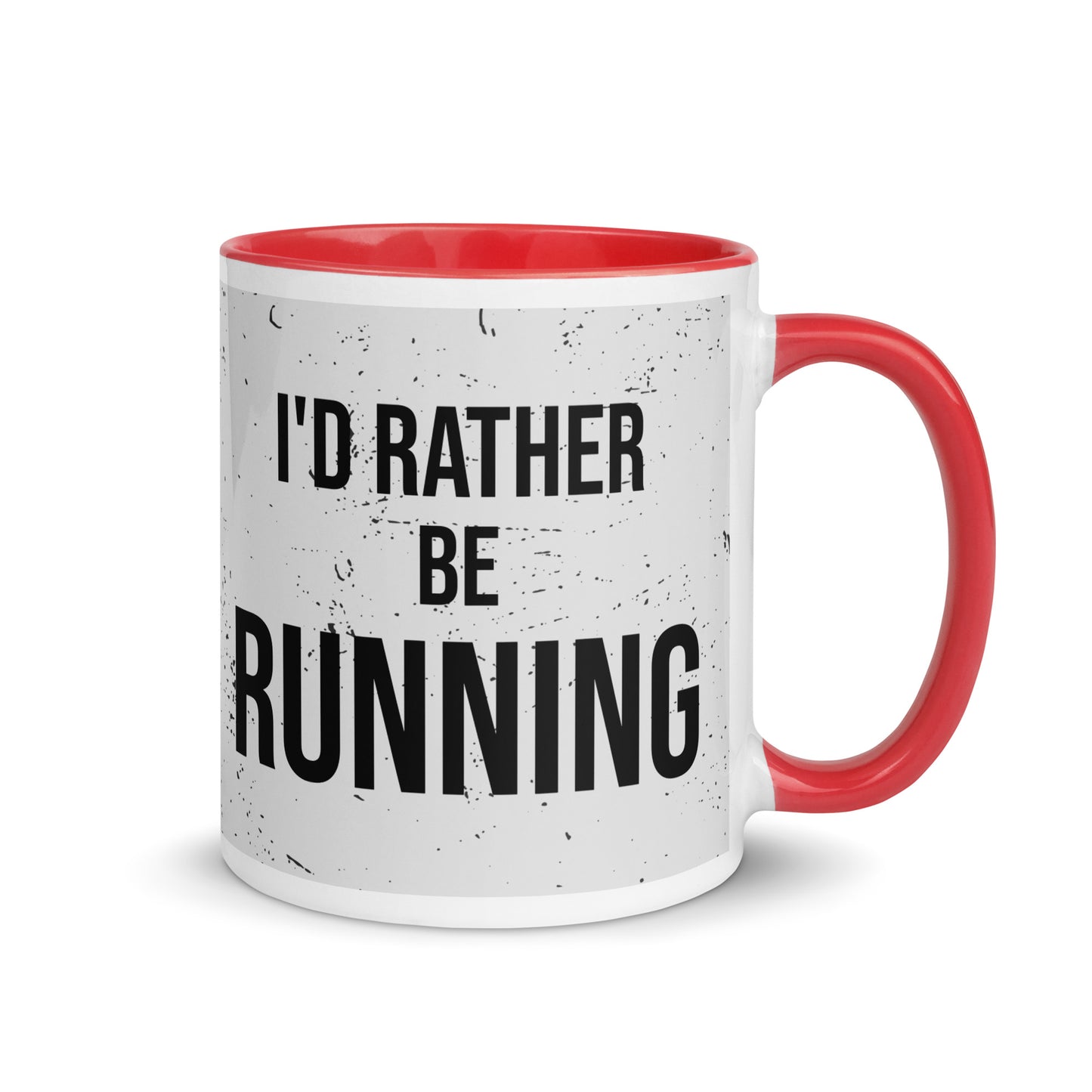 red handled mug with a grey splatter design and the phrase I'd rather be running in a black font. the perfect gift for a runner