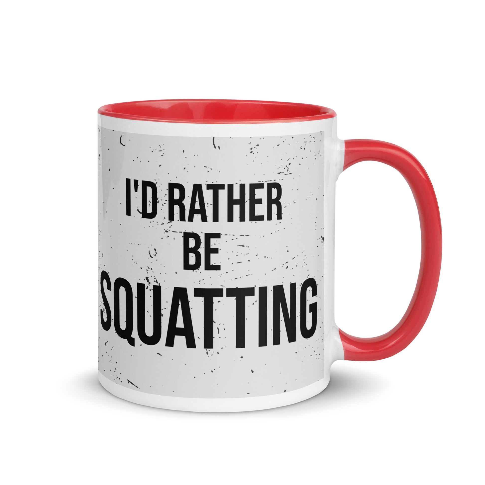 Red handled mug with I'd rather be squatting written on it, across a grey splatter background. A gift for someone who loves the gym.