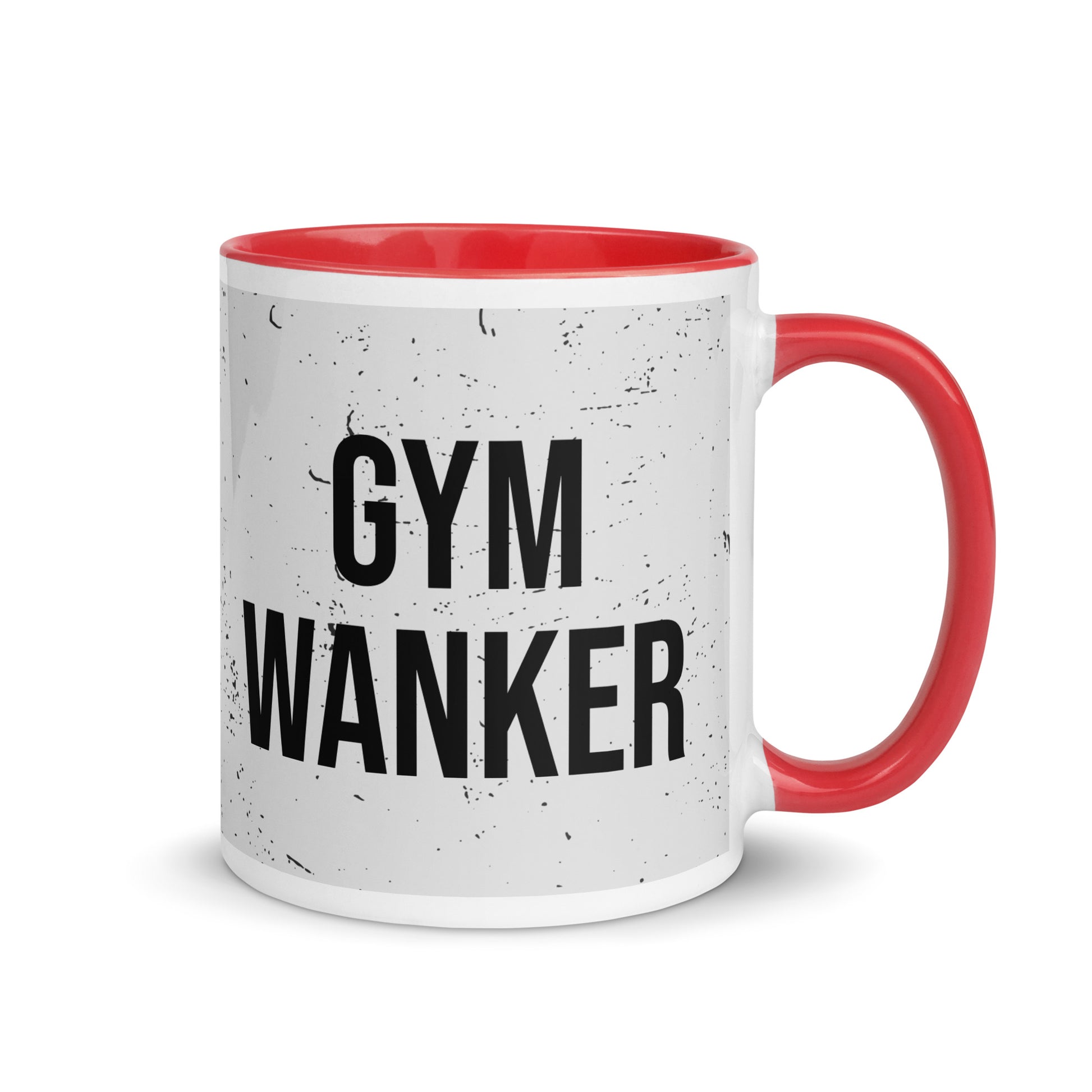 Red handled mug with gym wanker written on it, across a grey splatter background. A gift for someone who loves the gym.