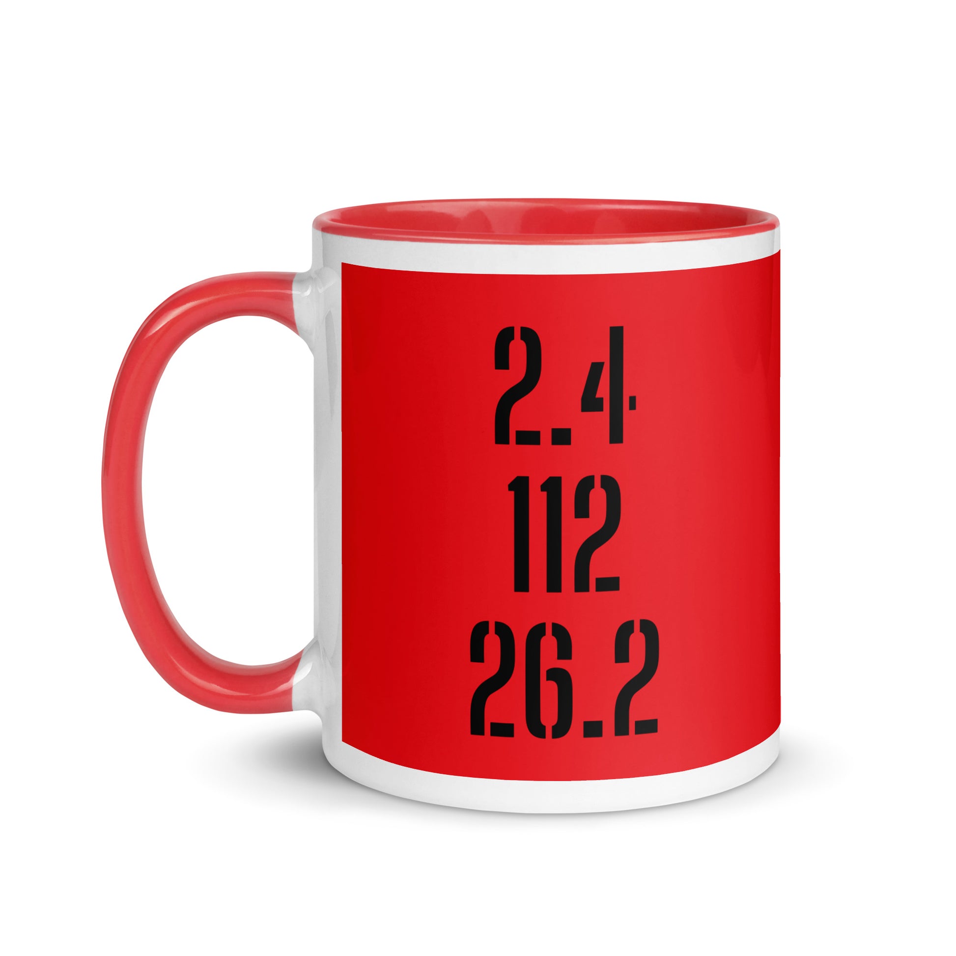red and white mug with 2.4, 112 and 26.2 iron man distances in a black font