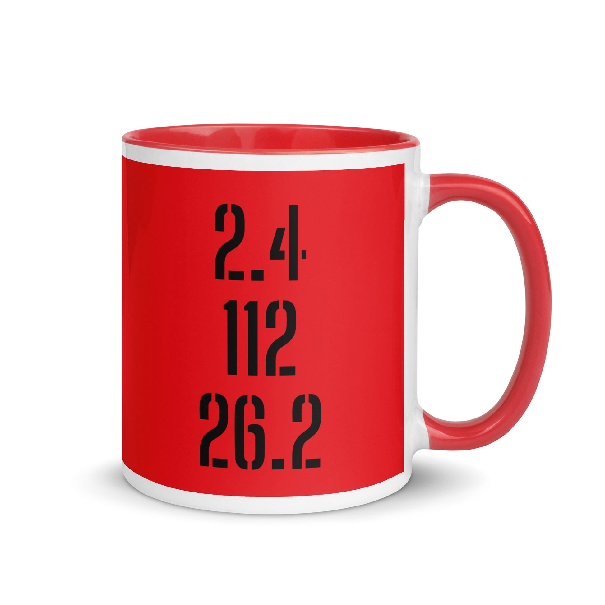 red and white mug with 2.4, 112 and 26.2 iron man distances in a black font