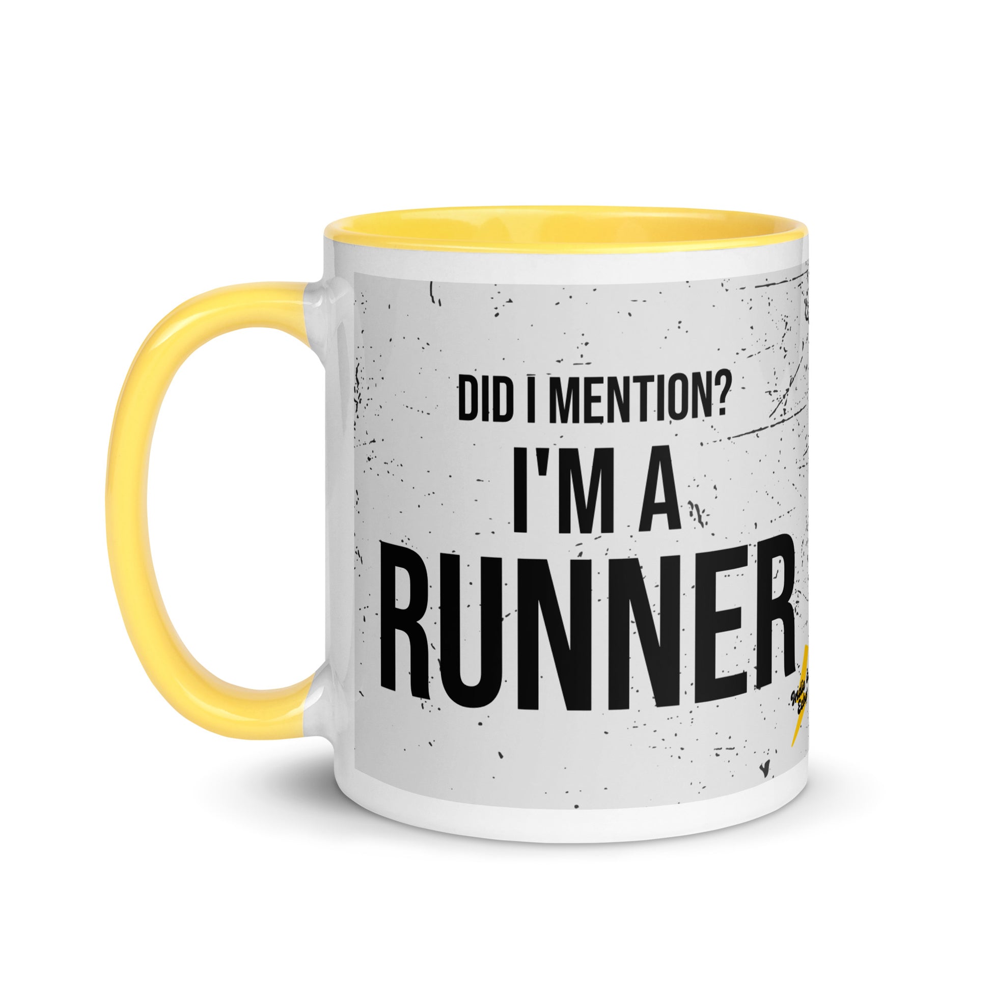 Mug with yellow handle and a grey splatter print design with the phrase did I mention? I'm a runner across the front. A nice gift for a running friend. 