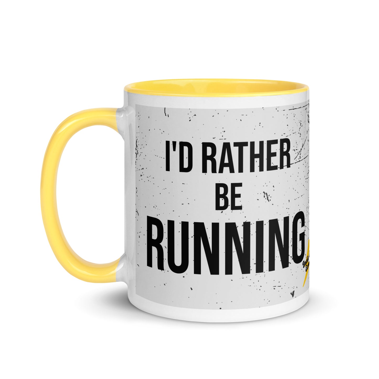 yellow handled mug with a grey splatter design and the phrase I'd rather be running in a black font. the perfect gift for a runner