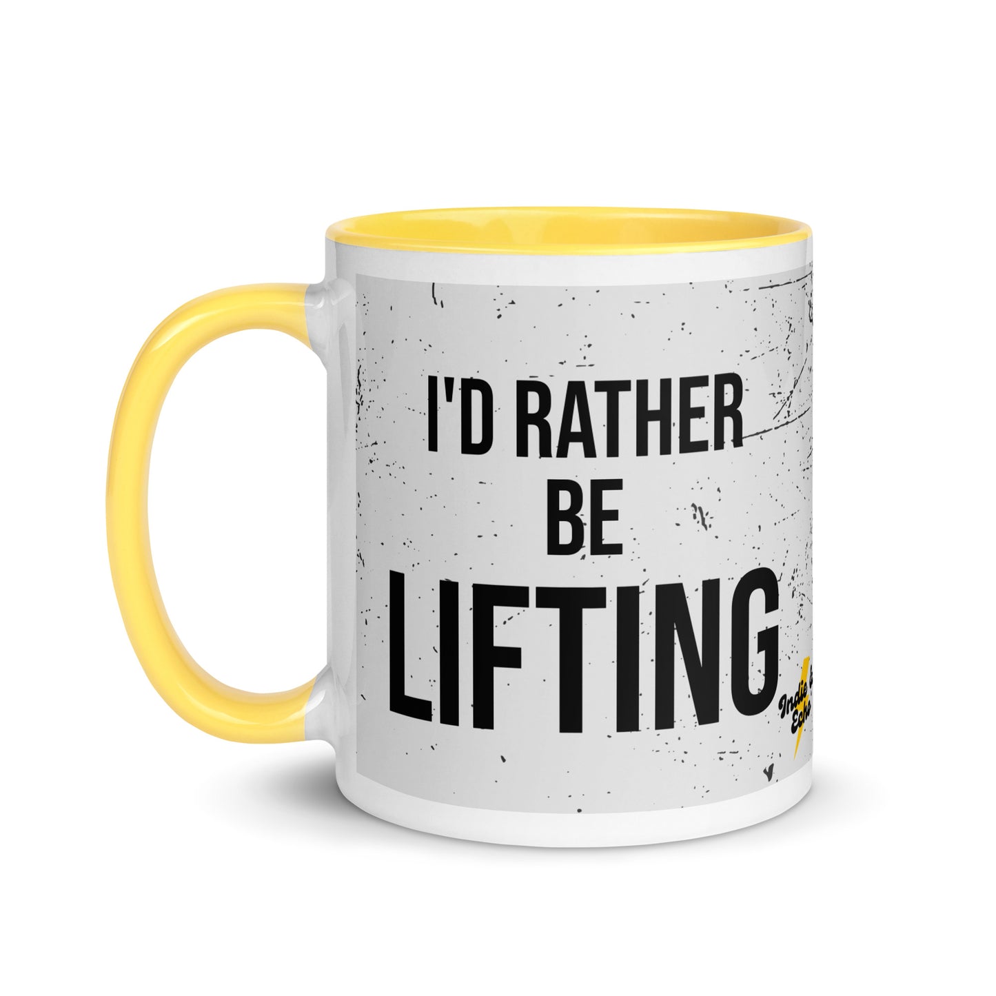Yellow handled mug with I'd rather be lifting written on it, across a grey splatter background. A gift for someone who loves the gym.