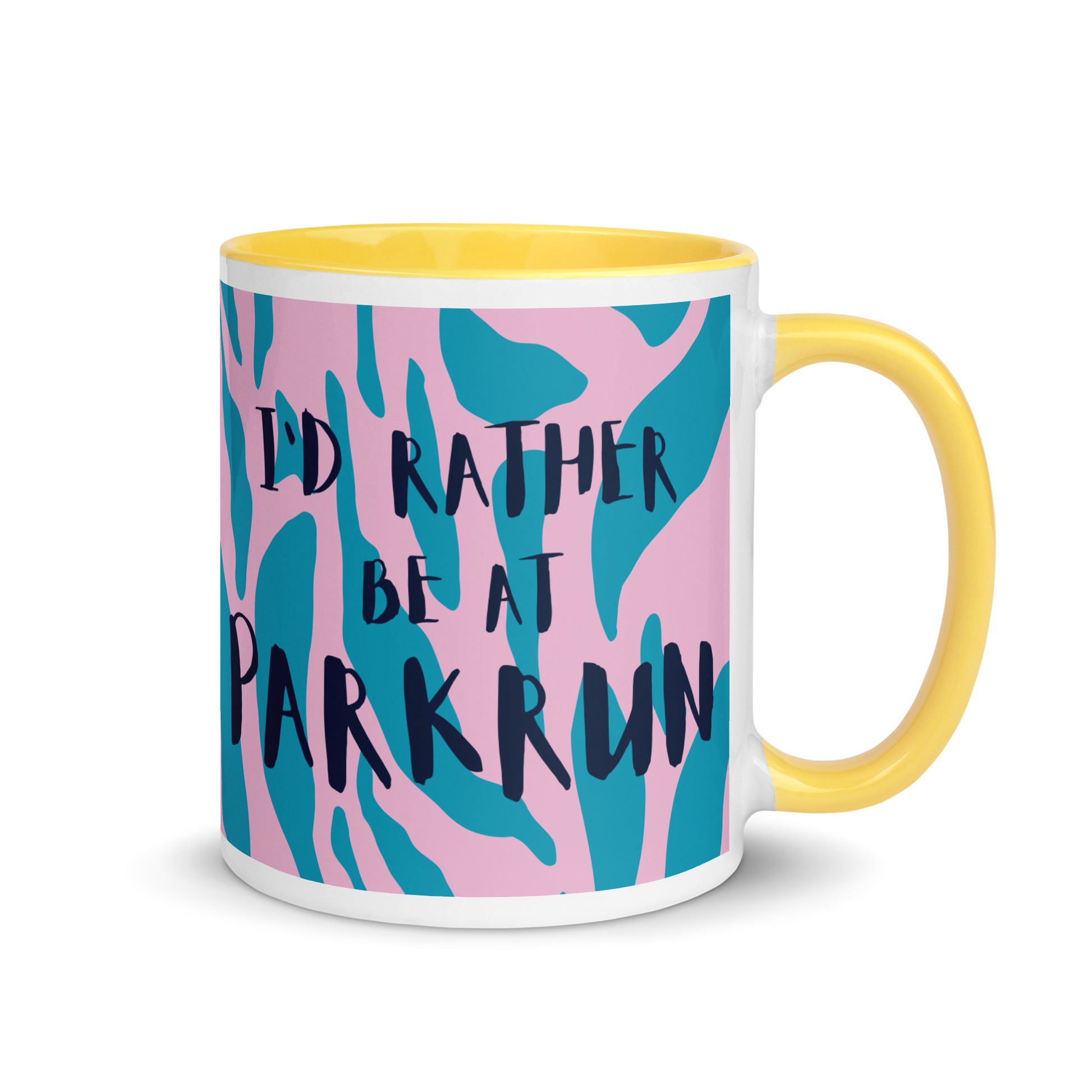 yellow handled mug with a pink and blue animal print design and the phrase I'd rather be at parkrun in a black font. the perfect gift for a runner