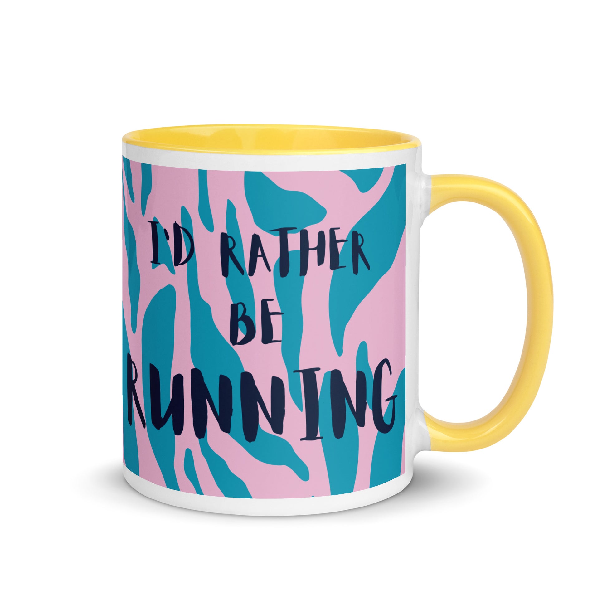 yellow handled mug with a pink and blue animal print design and the phrase I'd rather be running in a black font. the perfect gift for a runner
