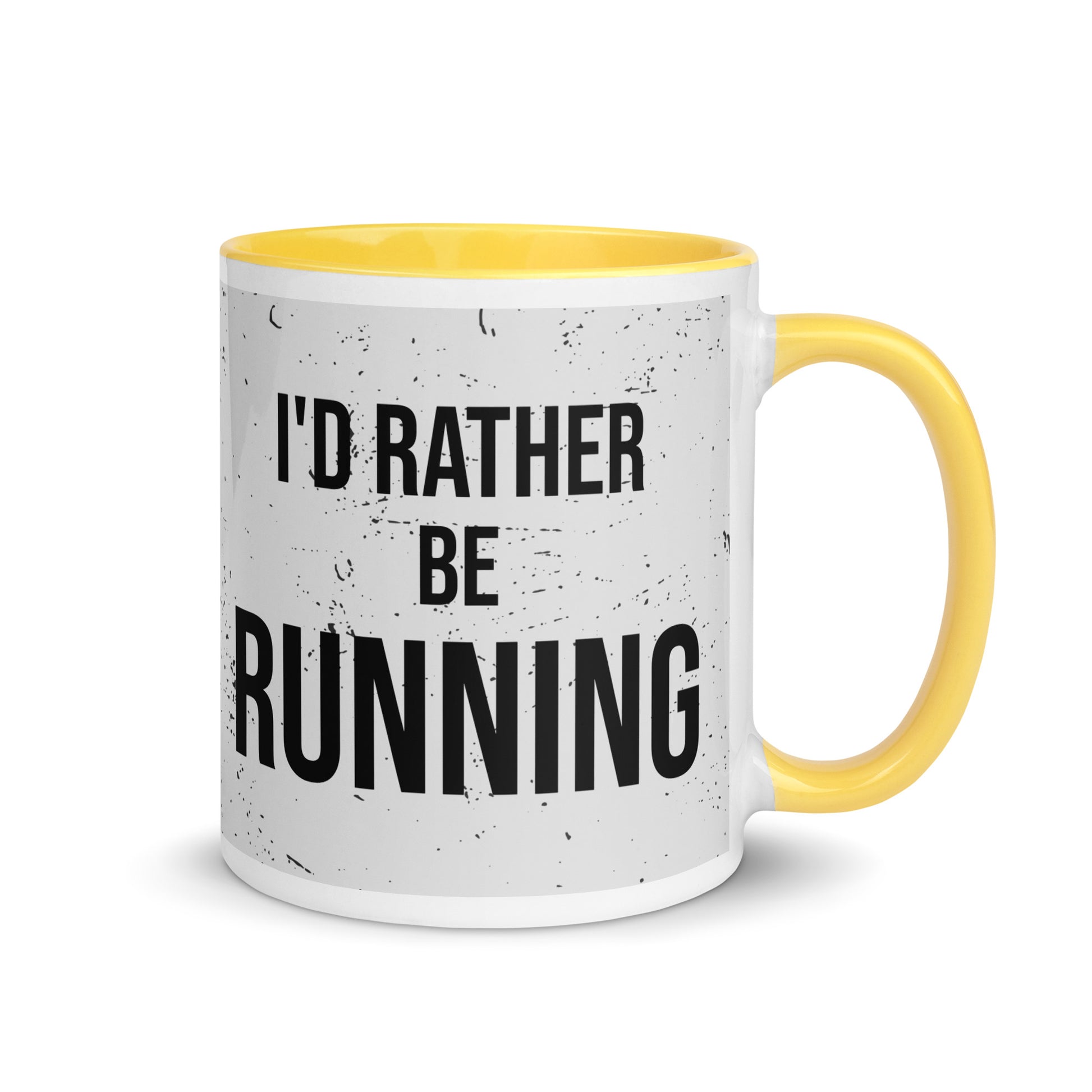 yellow handled mug with a grey splatter design and the phrase I'd rather be running in a black font. the perfect gift for a runner