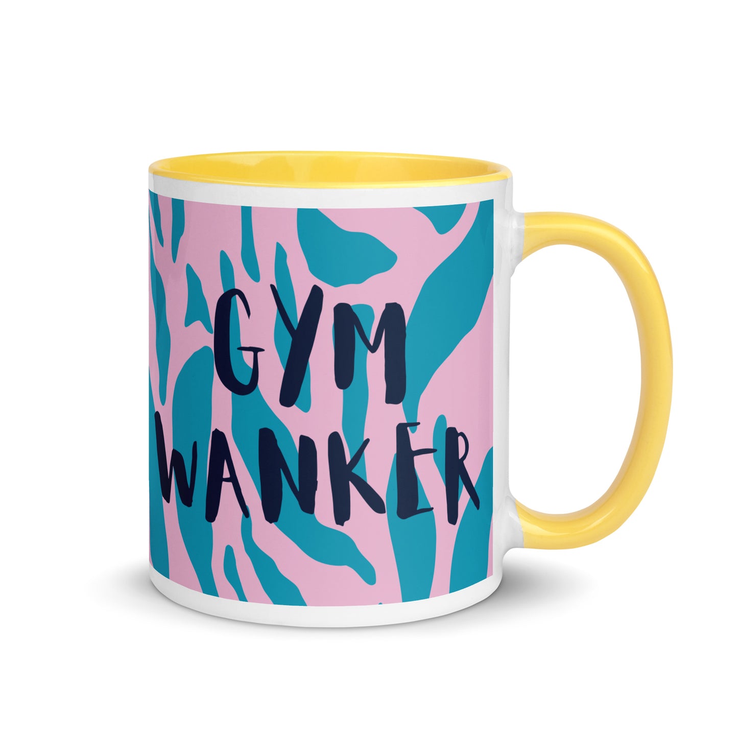 yellow handled mug with gym wanker written across a blue and pink animal print background. a gift for people who love the gym