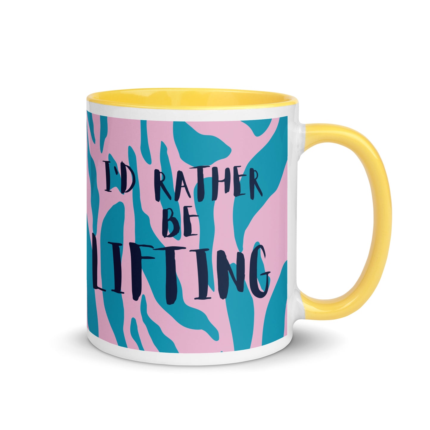 Yellow handled mug with I'd rather be lifting written across a blue and pink animal print background. A gift for people who love the gym