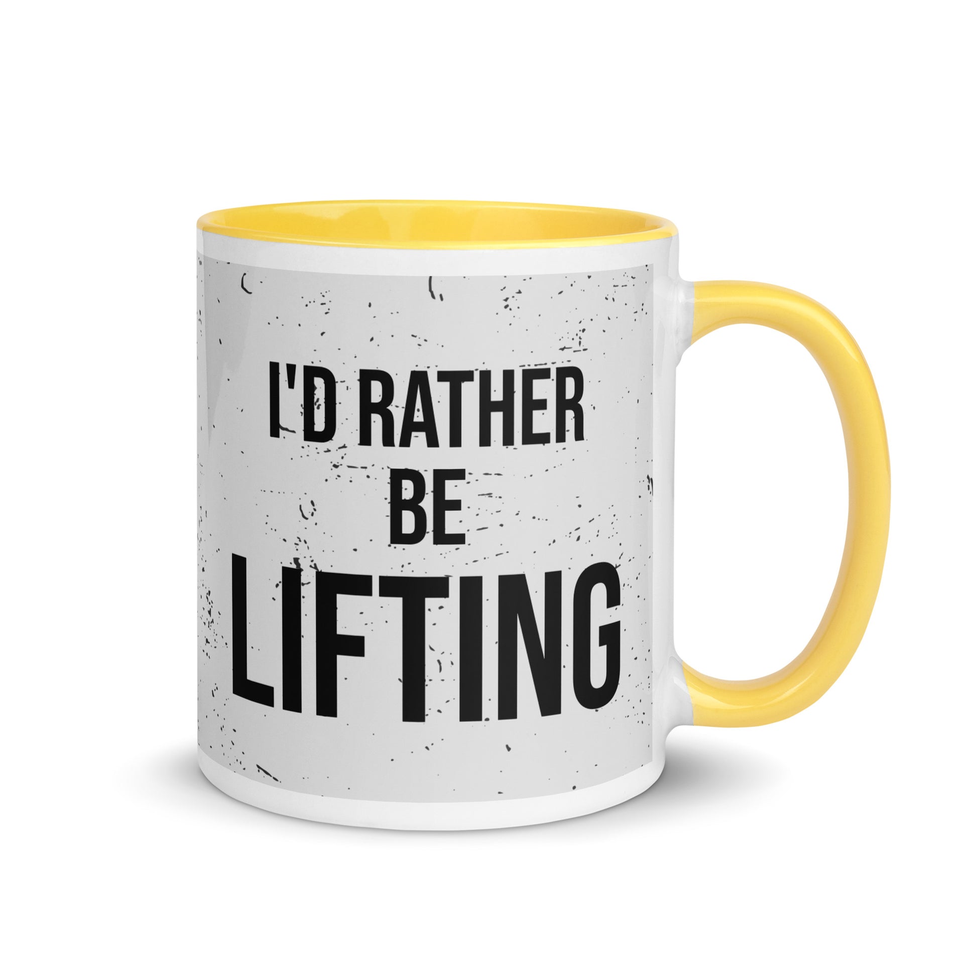 Yellow handled mug with I'd rather be lifting written on it, across a grey splatter background. A gift for someone who loves the gym.