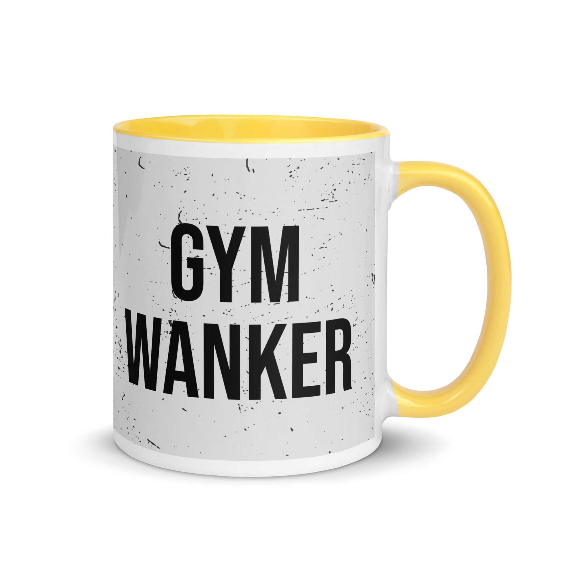 Yellow handled mug with gym wanker written on it, across a grey splatter background. A gift for someone who loves the gym.
