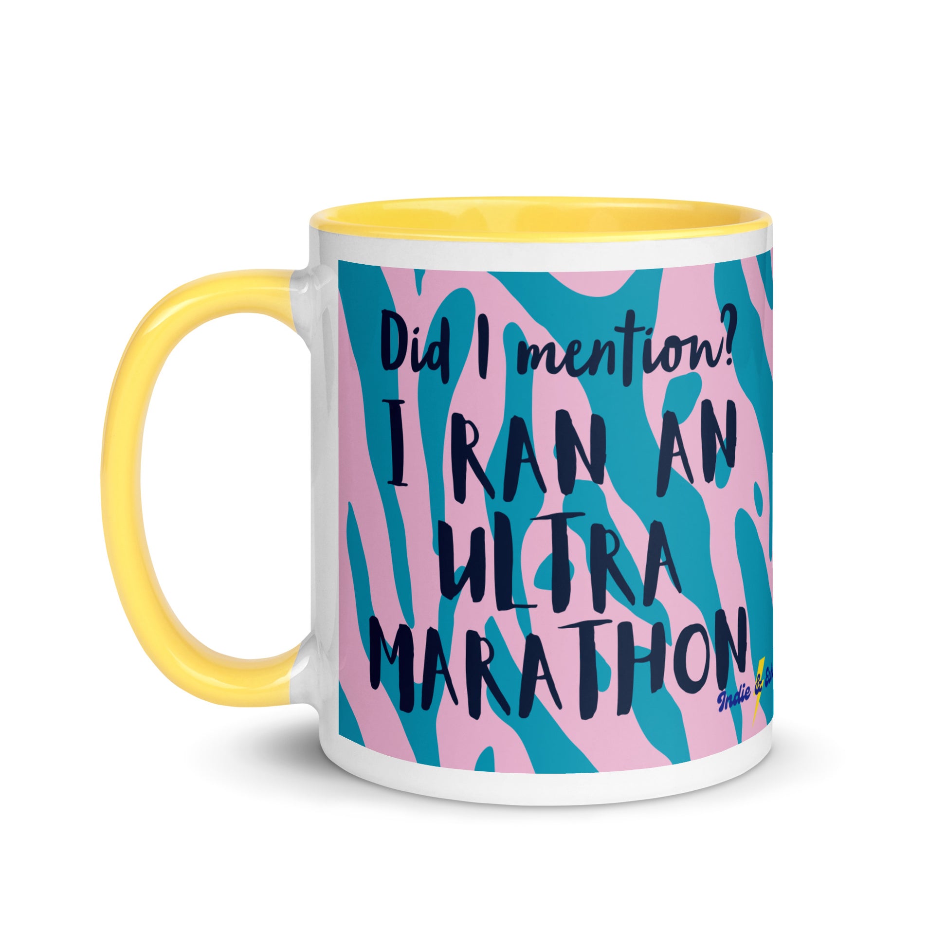 coffee mug with yellow handle and rim, with the words did i mention? i ran an ultra marathon. a gift for people who have completed an ultra marathon