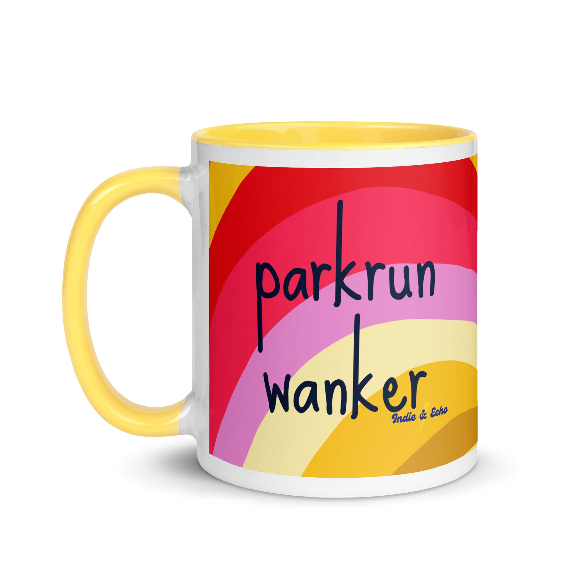 mug with a yellow rim and handle, with a colourful rainbow design and the words parkrun wanker across the front