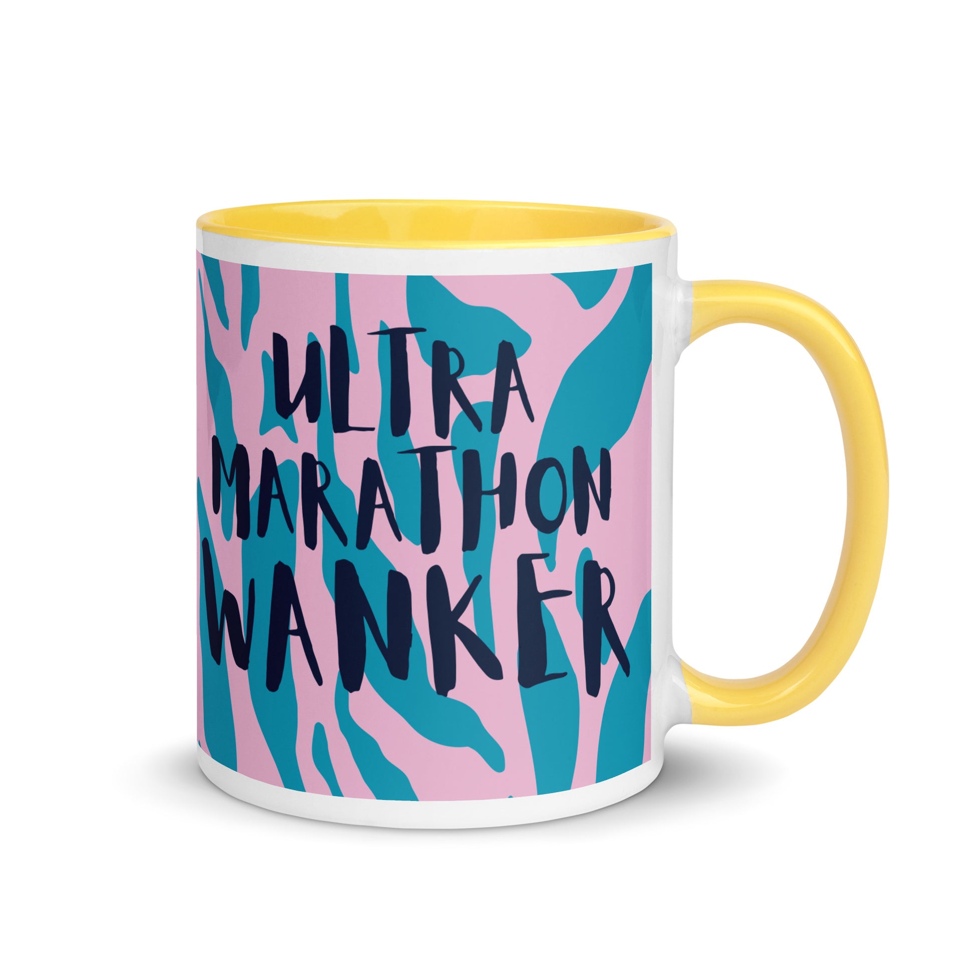 coffee mug with a yellow handle and rim, with the words ultra marathon wanker written across a pink and blue animal print background. this is a running gift for ultra marathoners.