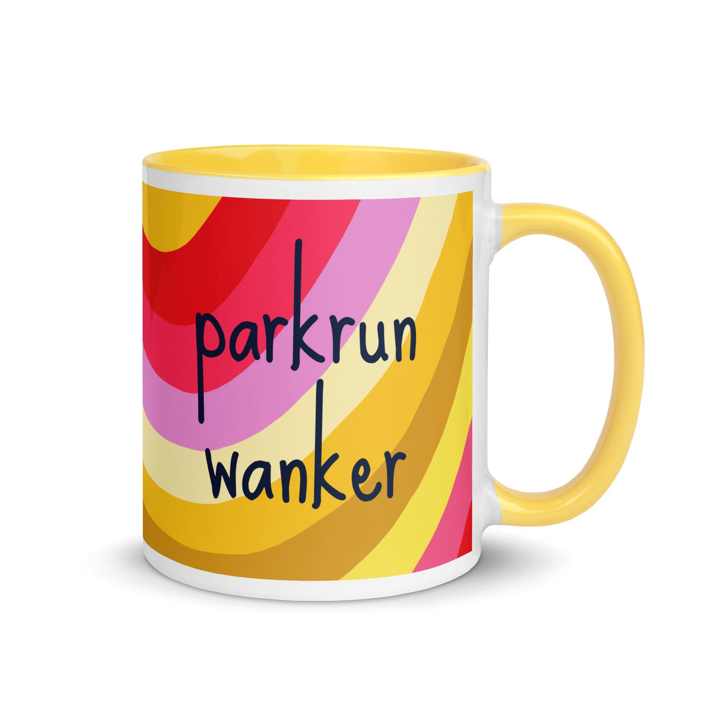 mug with a yellow rim and handle, with a colourful rainbow design and the words parkrun wanker across the front