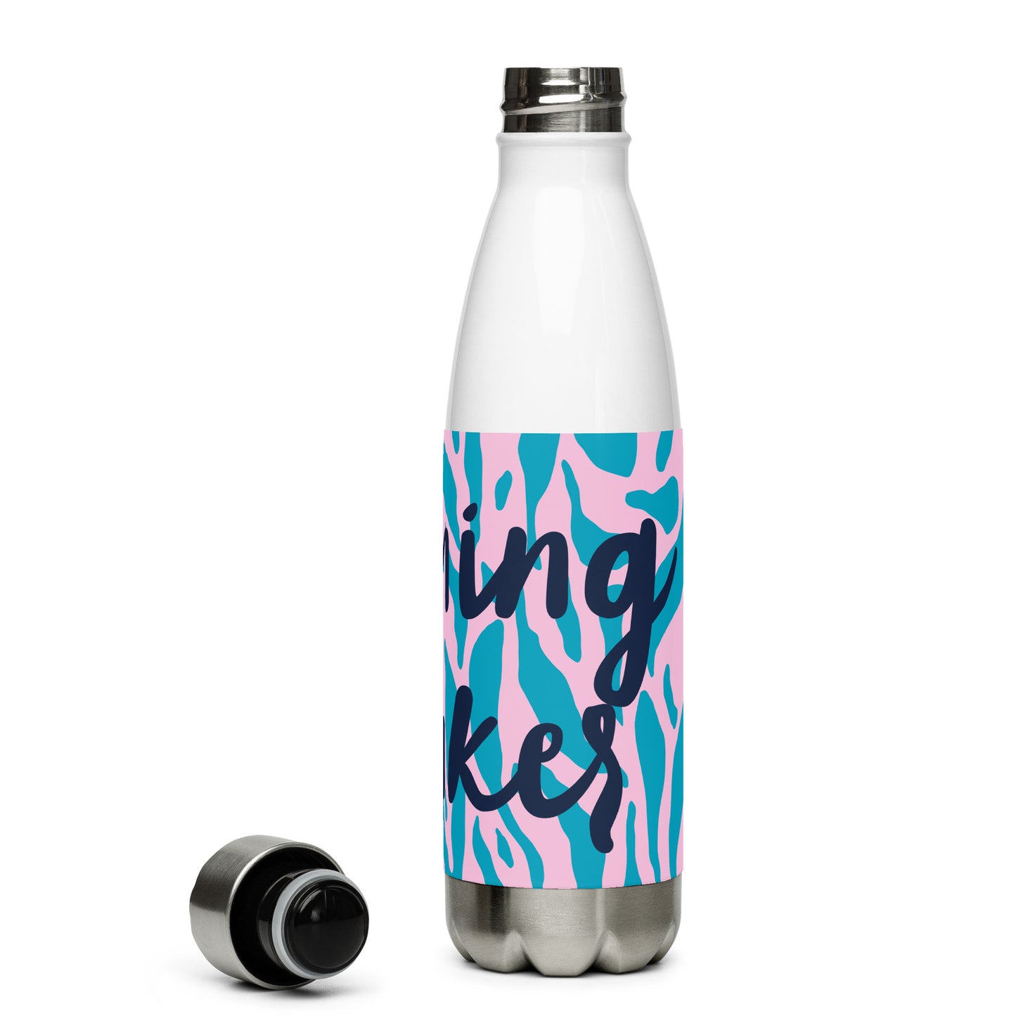 White metal water bottle with the words running wanker across the front in navy, with a pink and blue animal print background. The lid has been removed. 
