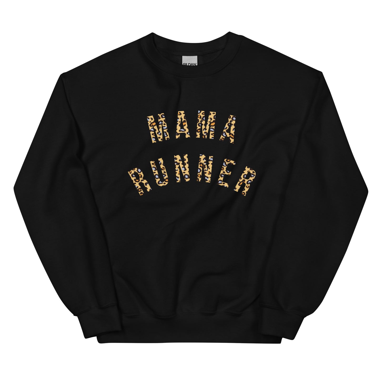 black sweatshirt with the words mama runner across the chest in a bold leopard print font
