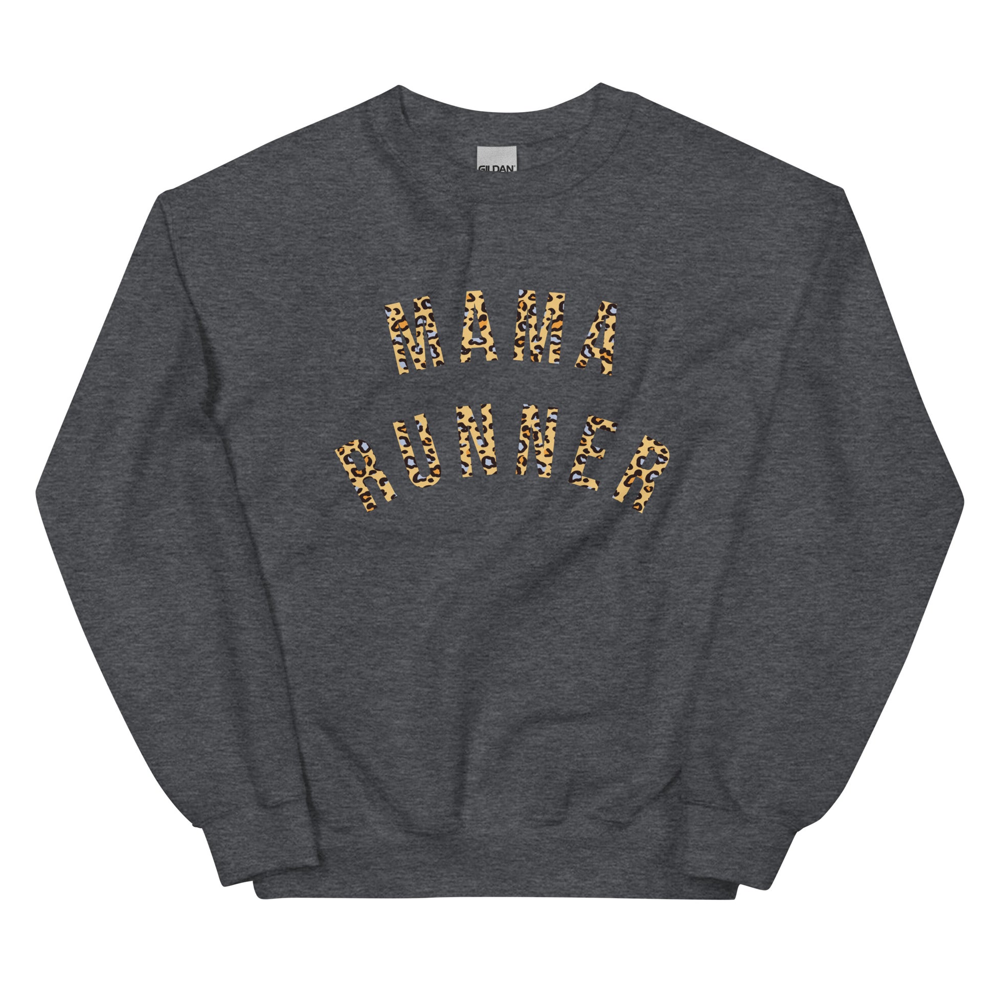 dark grey sweatshirt with the words mama runner across the chest in a bold leopard print font