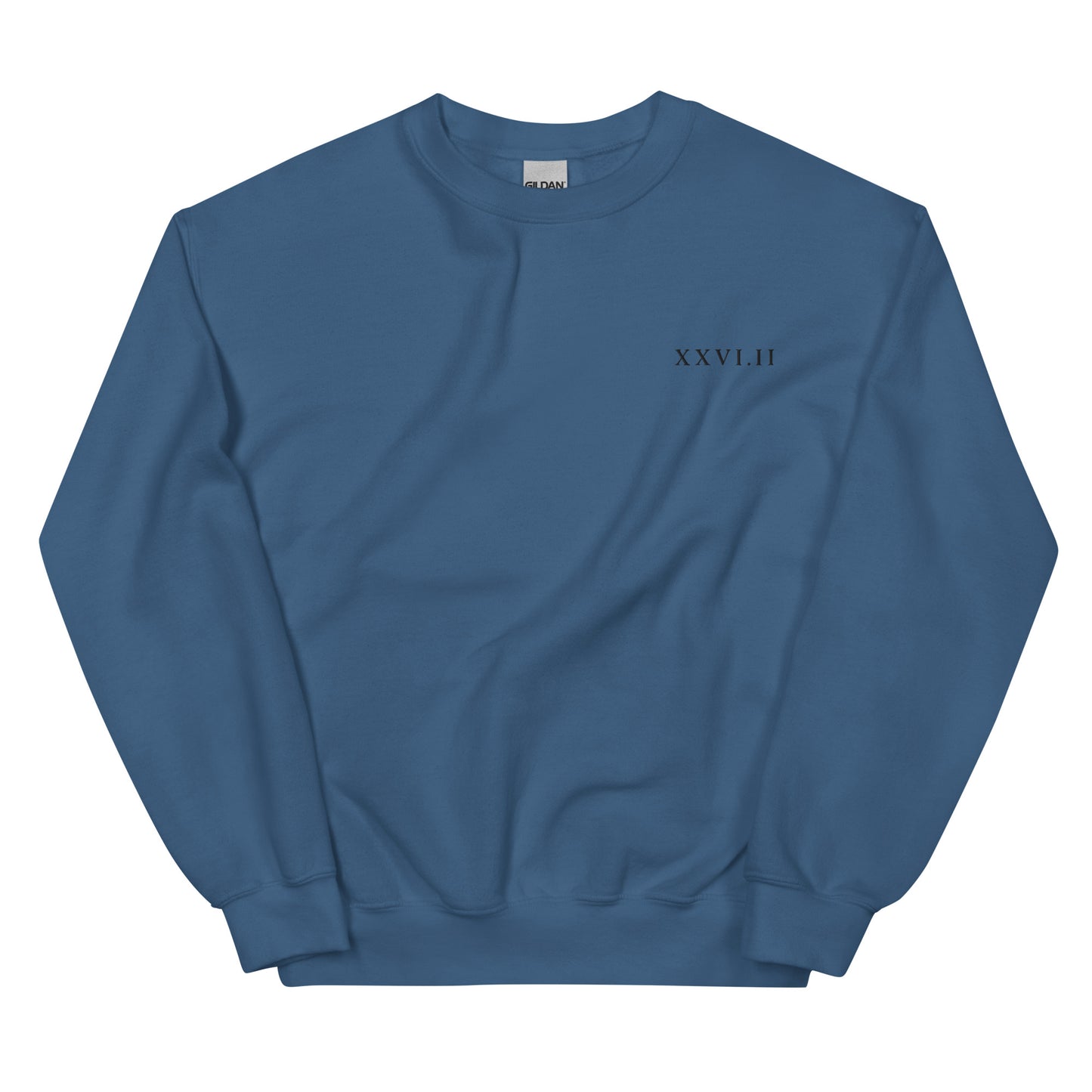 blue sweatshirt with xxvi.ii 26.2 marathon distance in roman numerals on the left breast
