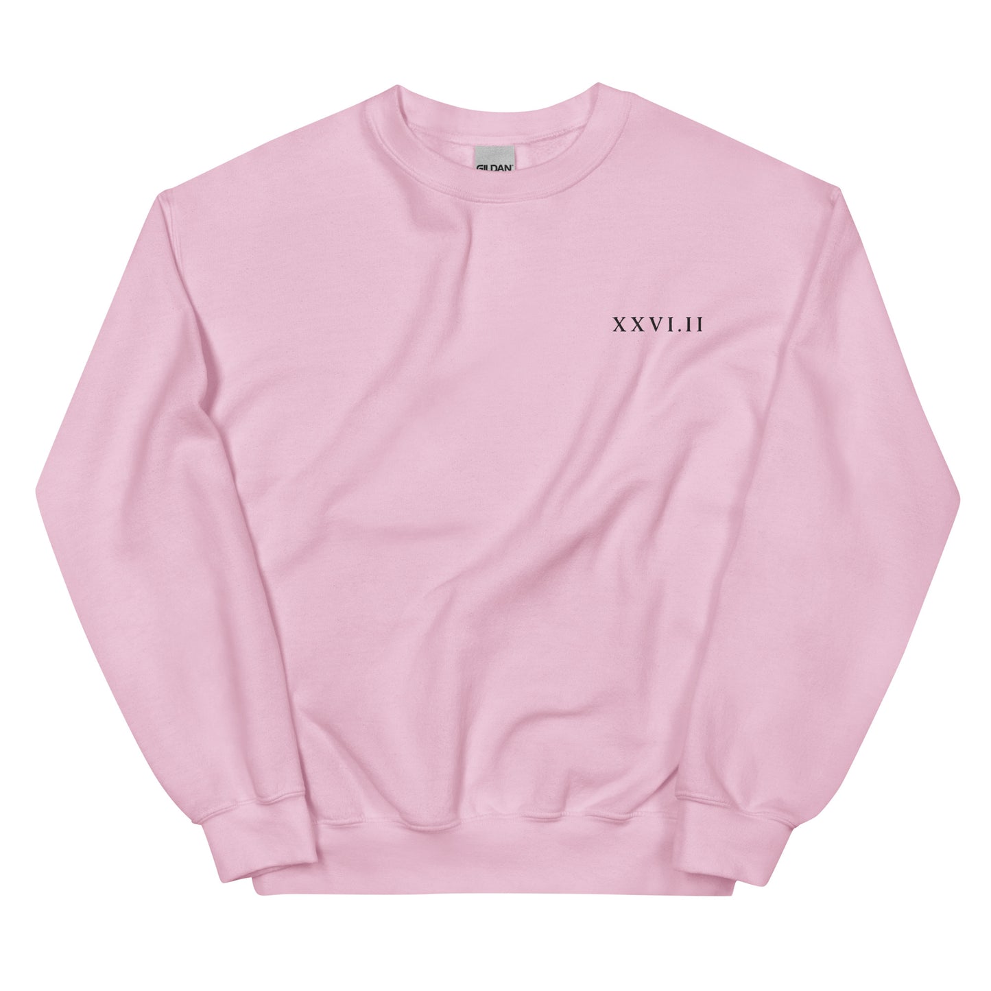pink sweatshirt with xxvi.ii 26.2 marathon distance in roman numerals on the left breast