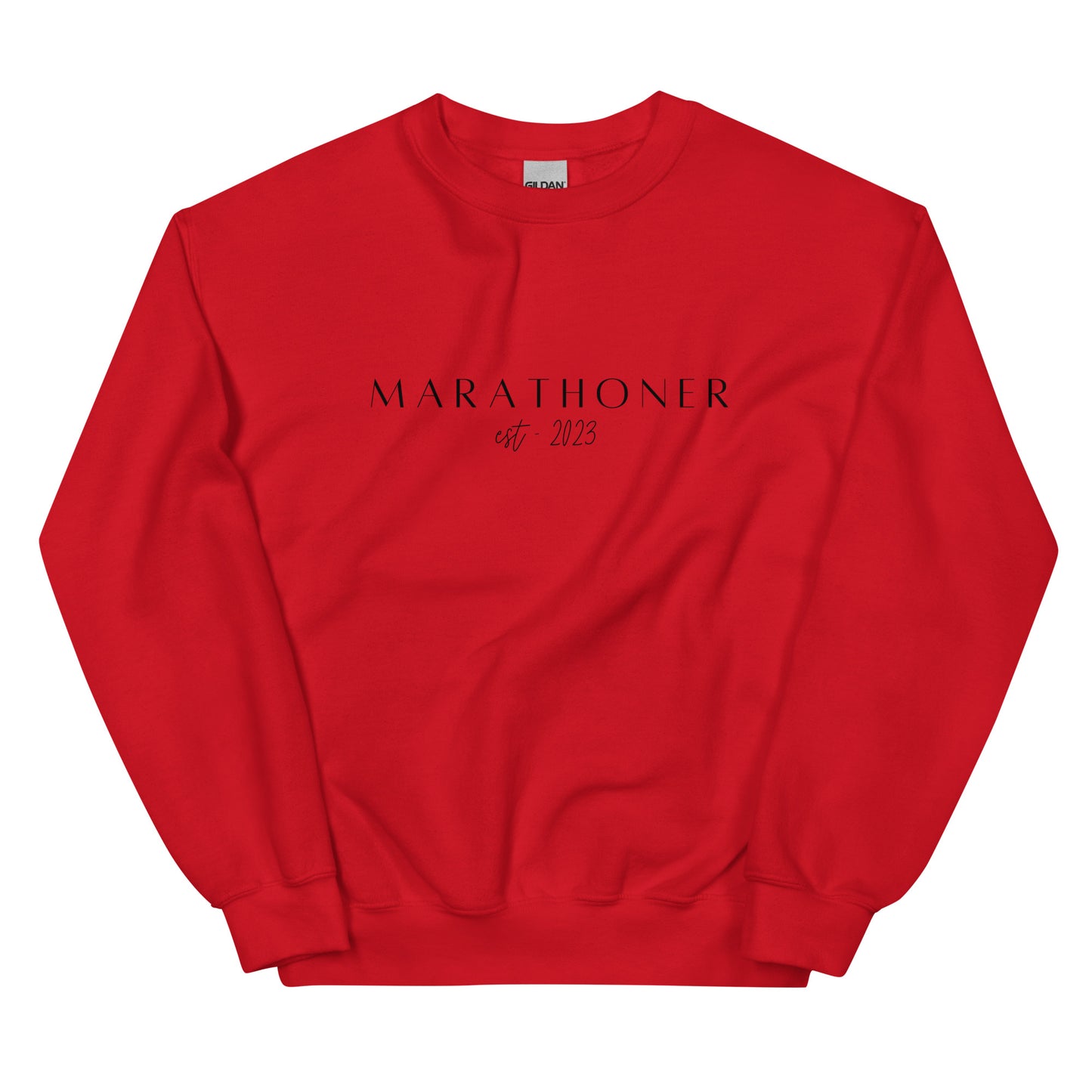 red sweatshirt with the words Marathoner est 2023 across the chest