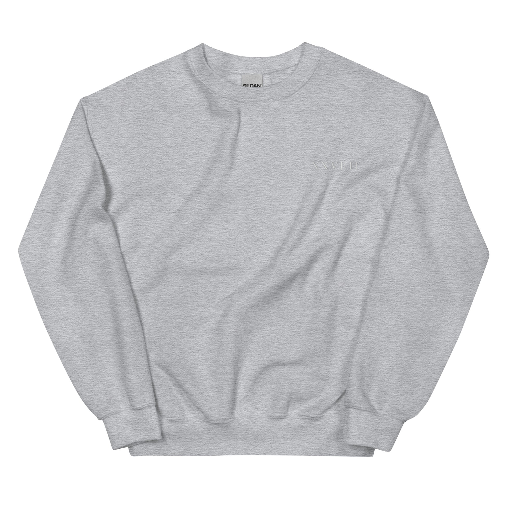 light grey sweatshirt with xxvi.ii 26.2 marathon distance in roman numerals on the left breast