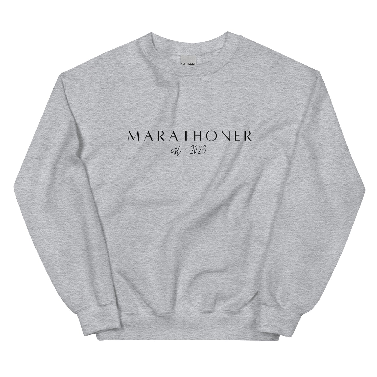 grey sweatshirt with the words Marathoner est 2023 across the chest