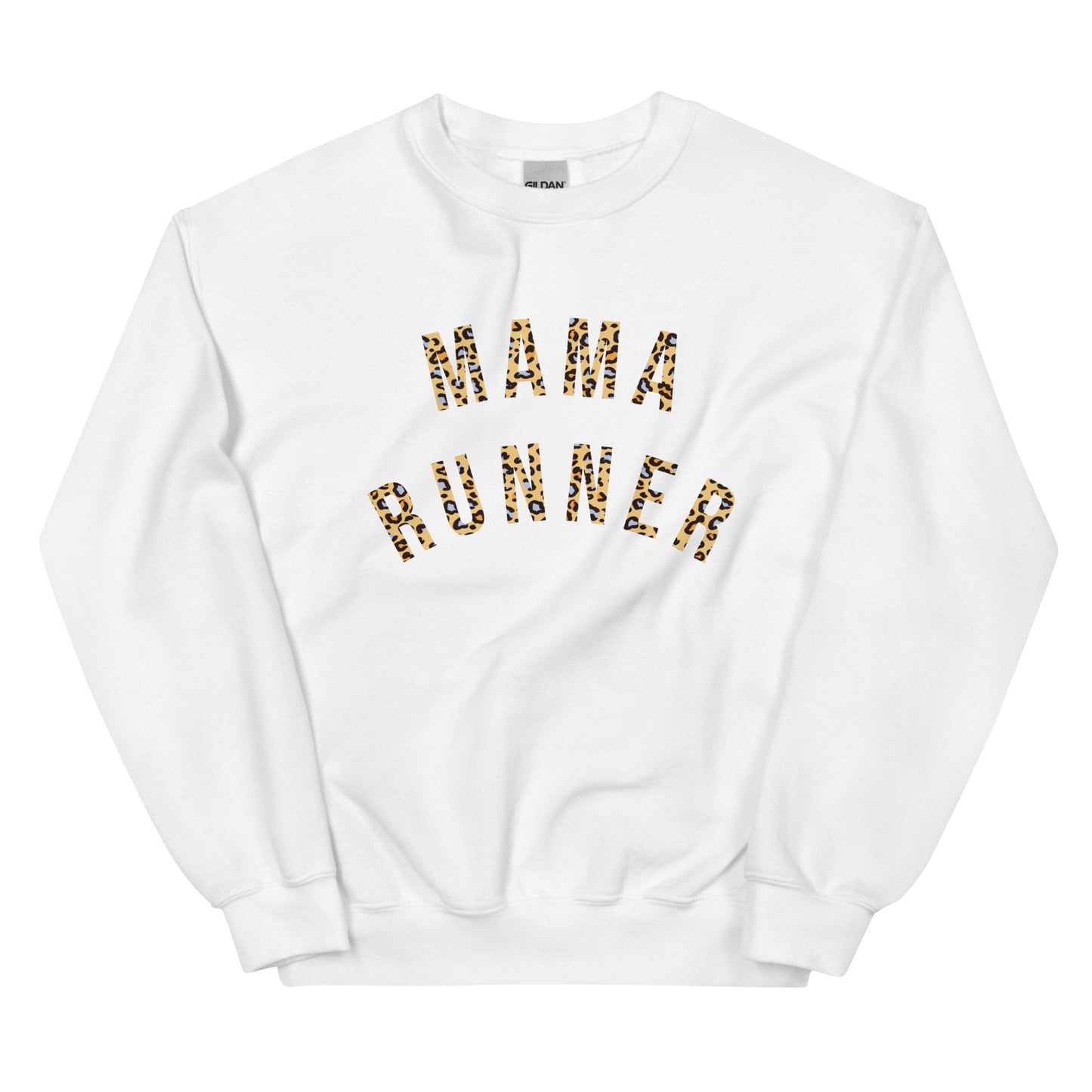 white sweatshirt with the words mama runner across the chest in a bold leopard print font