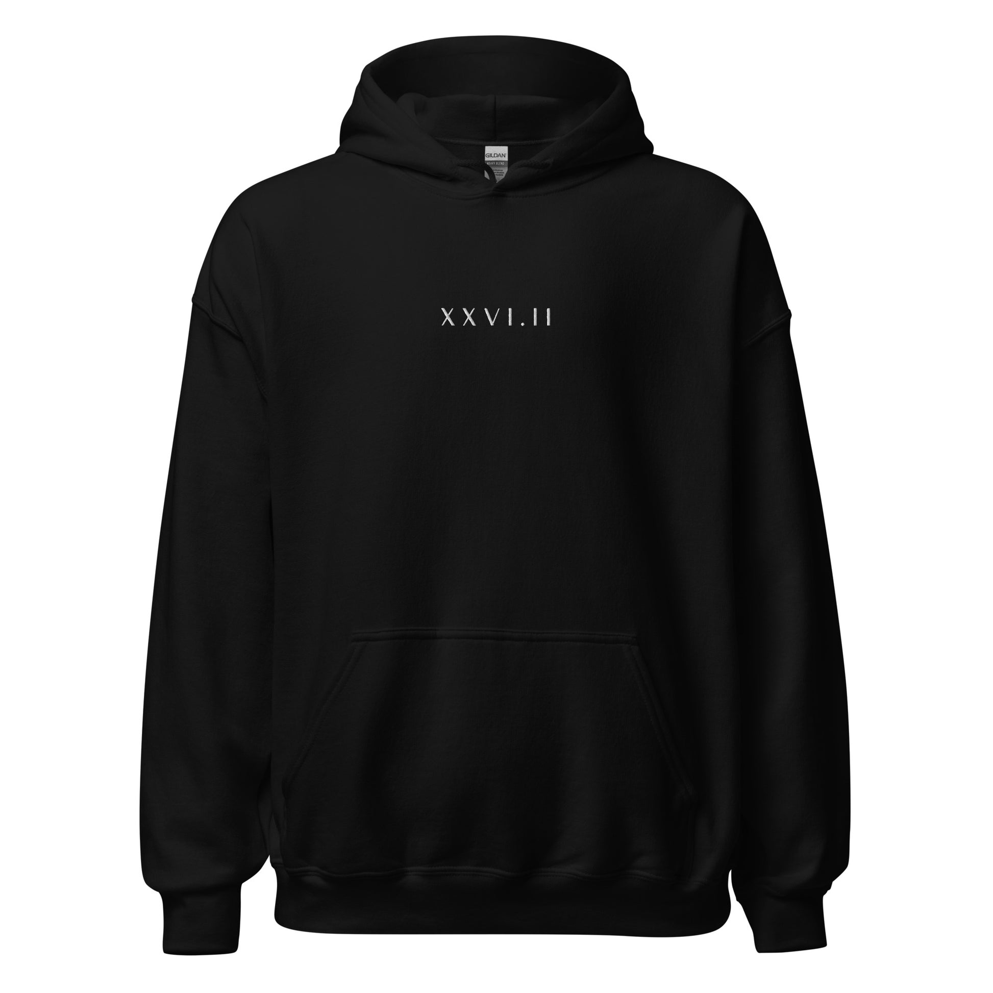 black unisex hoodie with XXVI.II 26.2 marathon distance in roman numerals in a small, white font embroidered across the chest