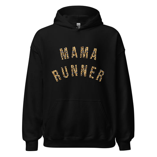 black hoodie with the words mama runner in a leopard print font, across the chest