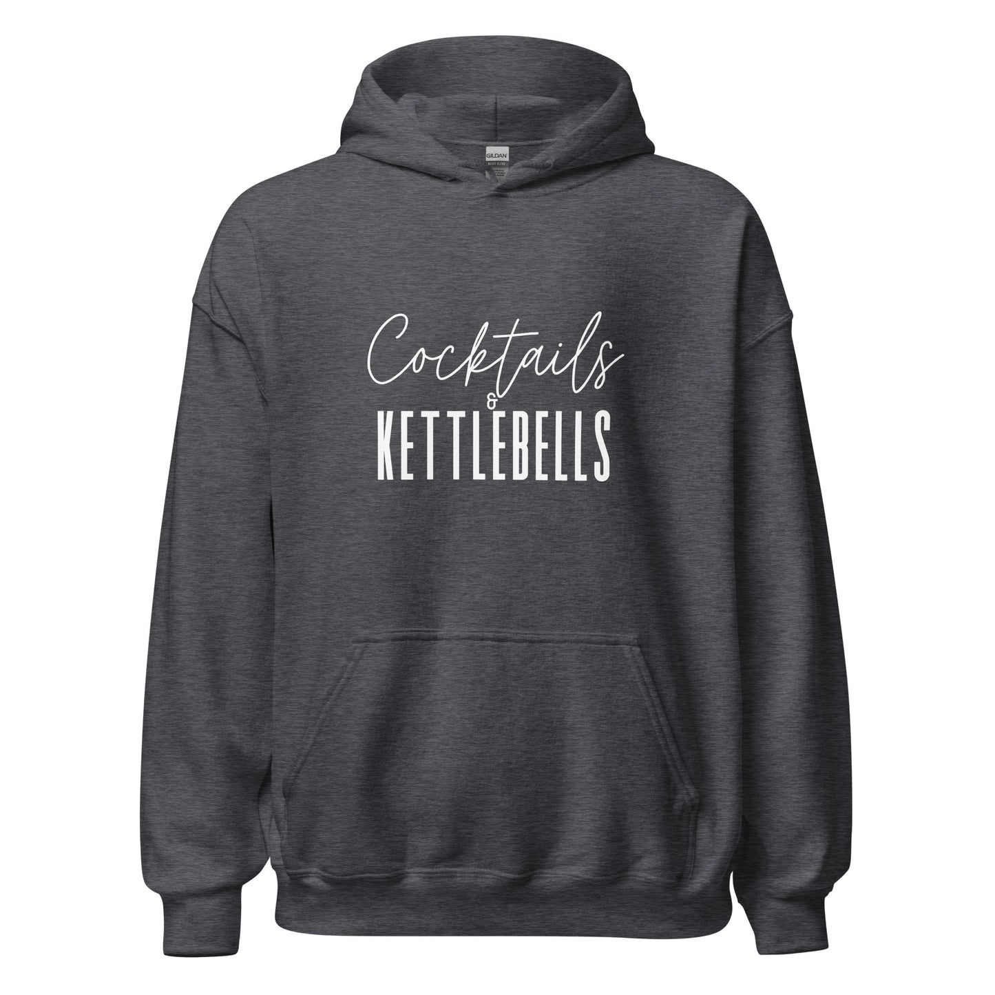dark grey hoodie with the words cocktails and kettlebells in a white font across the chest