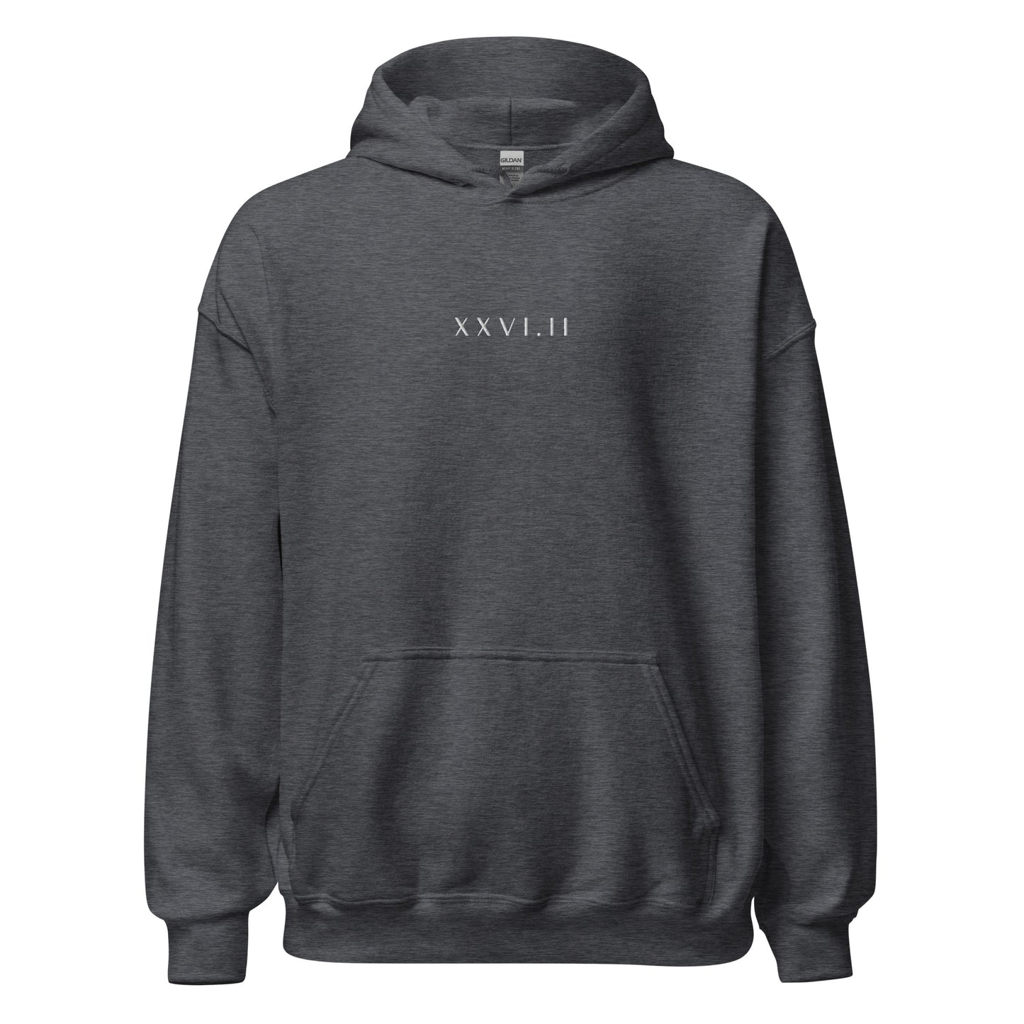 grey hoodie with XXVI.II 26.2 marathon distance in roman numerals in a small, white font embroidered across the chest