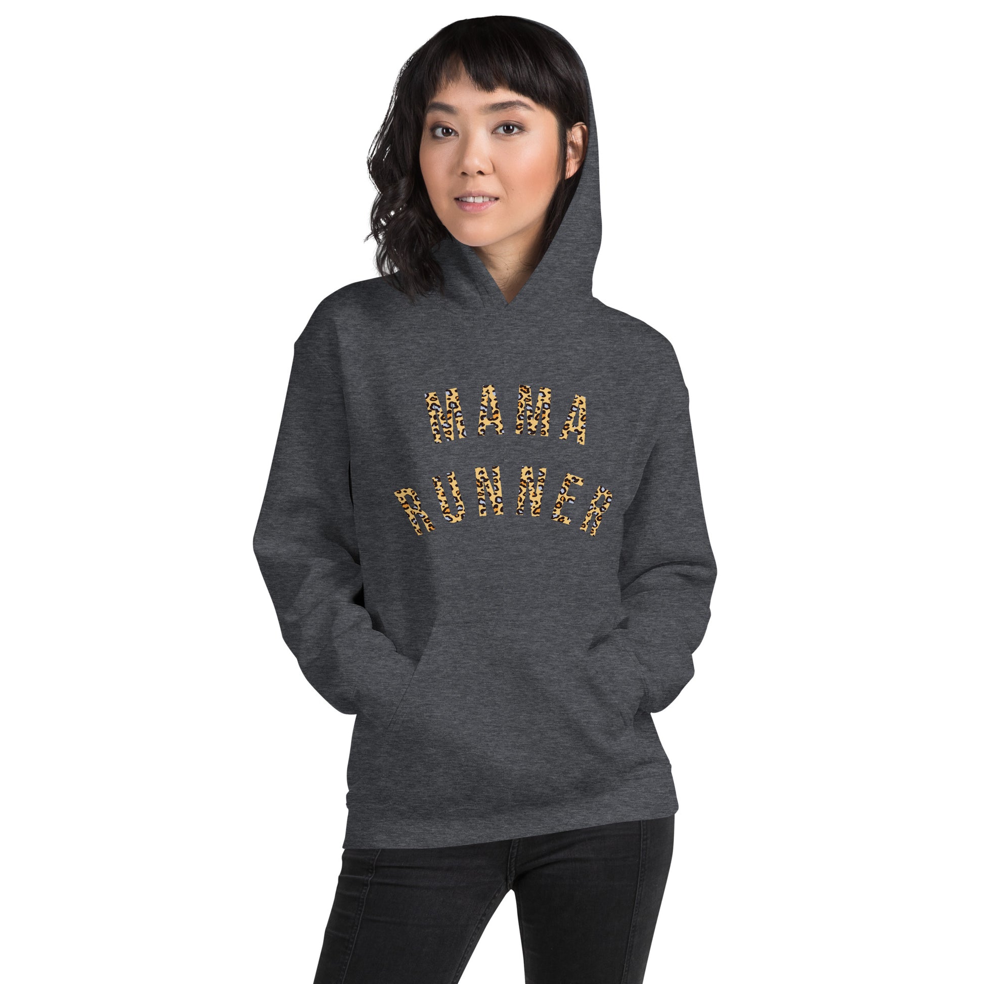 woman wearing a grey hoodie with the words mama runner in a leopard print font, across the chest
