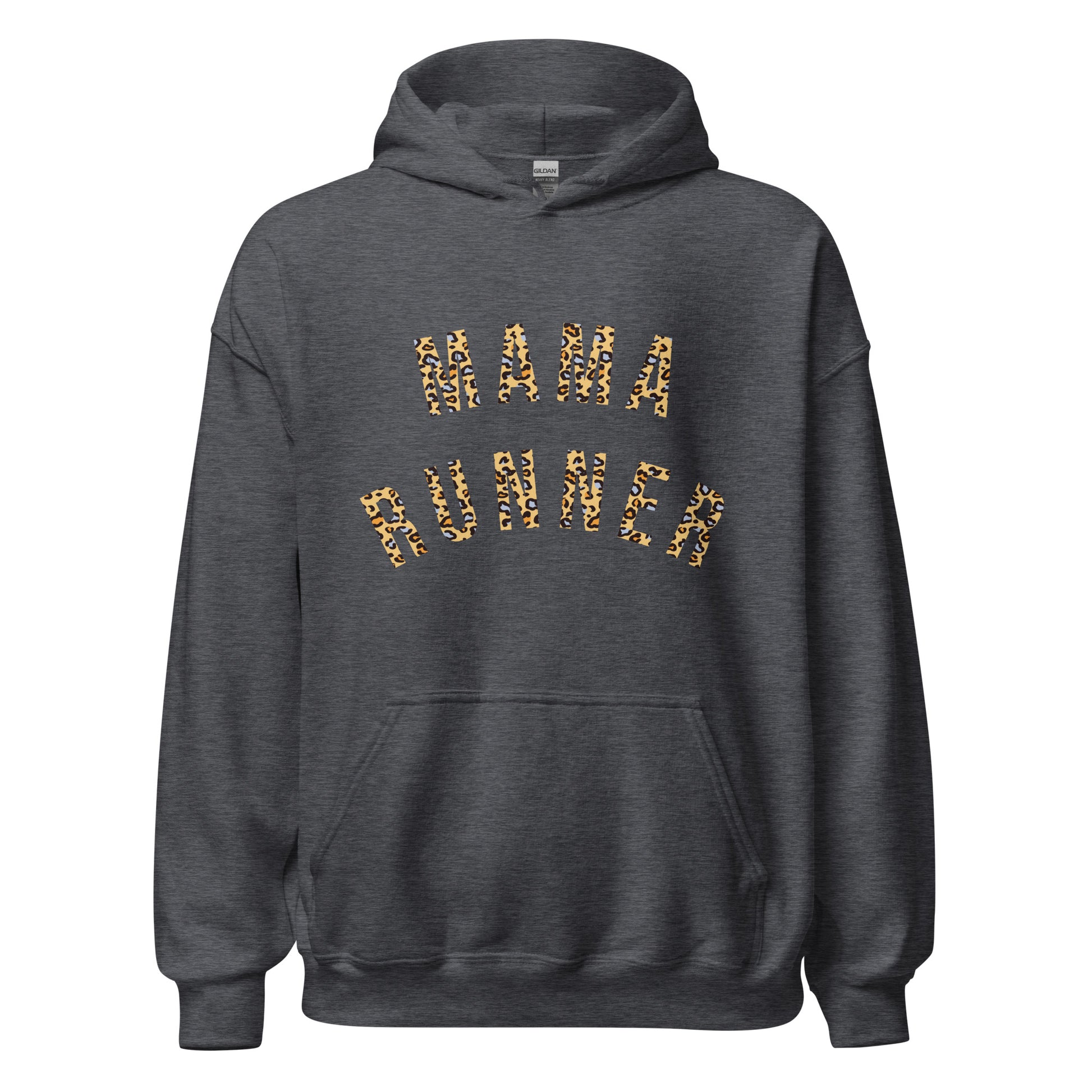 grey hoodie with the words mama runner in a leopard print font, across the chest