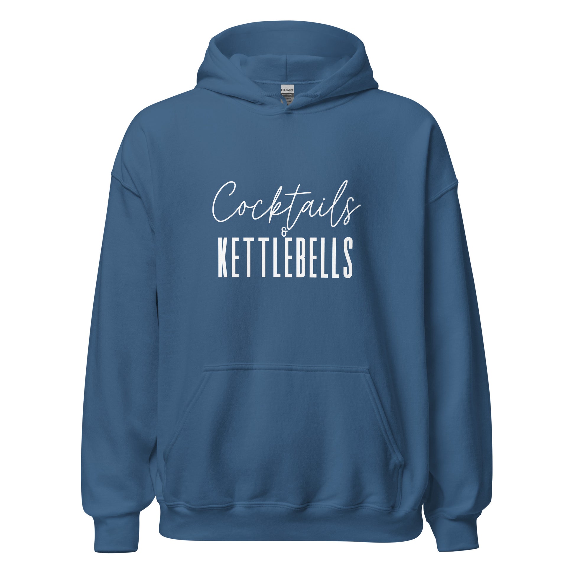 dusky blue hoodie with the words cocktails and kettlebells in a white font across the chest