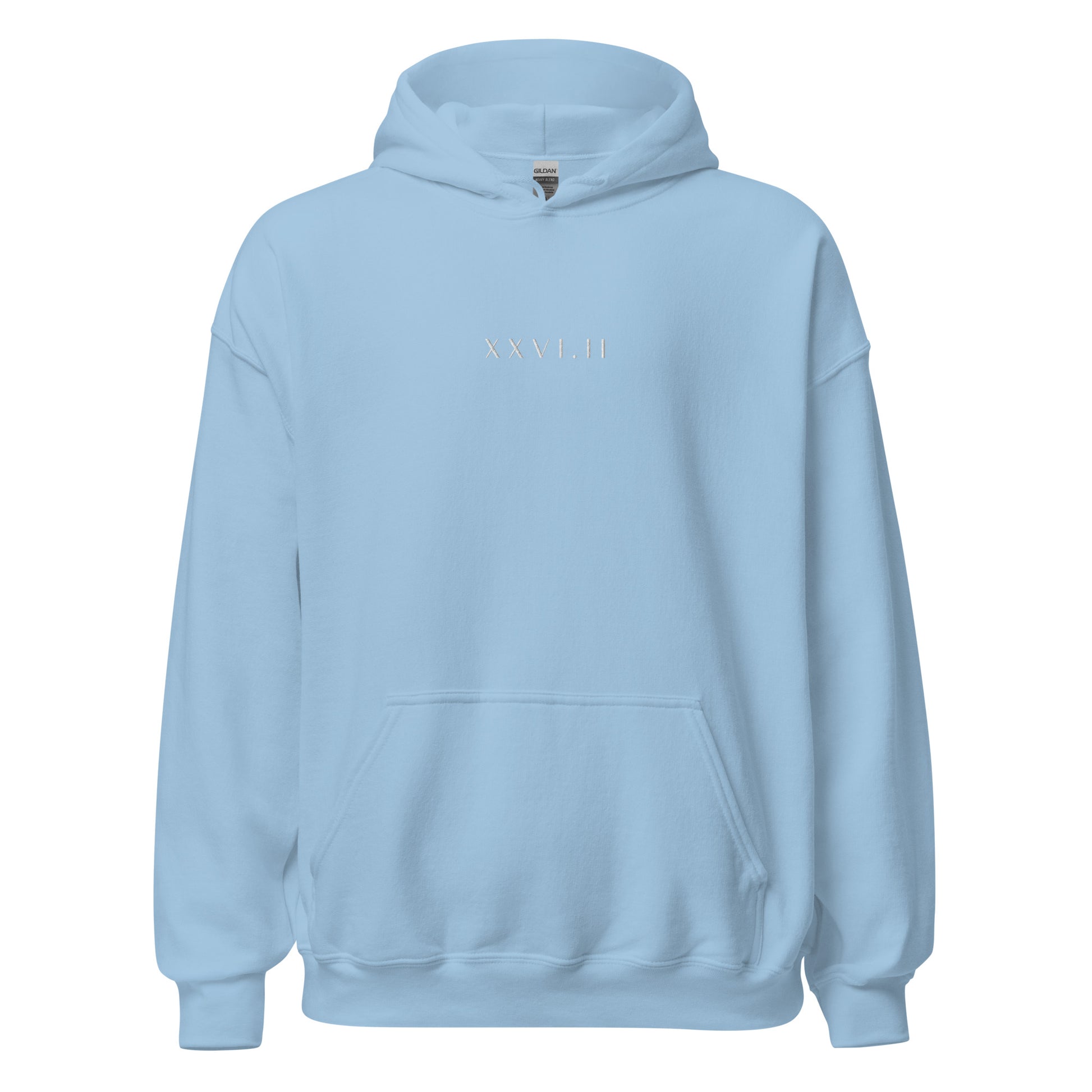 light blue hoodie with XXVI.II 26.2 marathon distance in roman numerals in a small, white font embroidered across the chest
