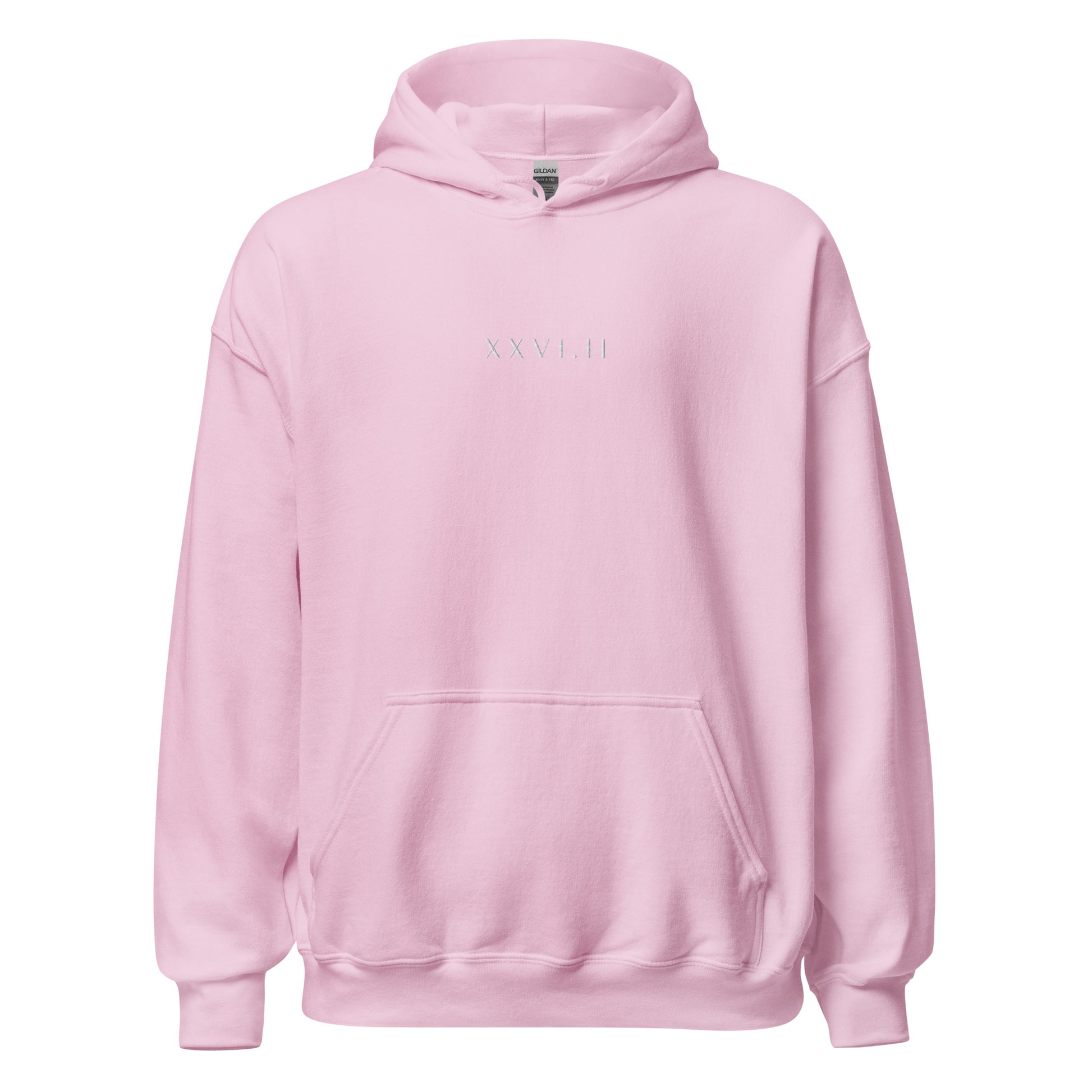 light pink hoodie with XXVI.II 26.2 marathon distance in roman numerals in a small, white font embroidered across the chest