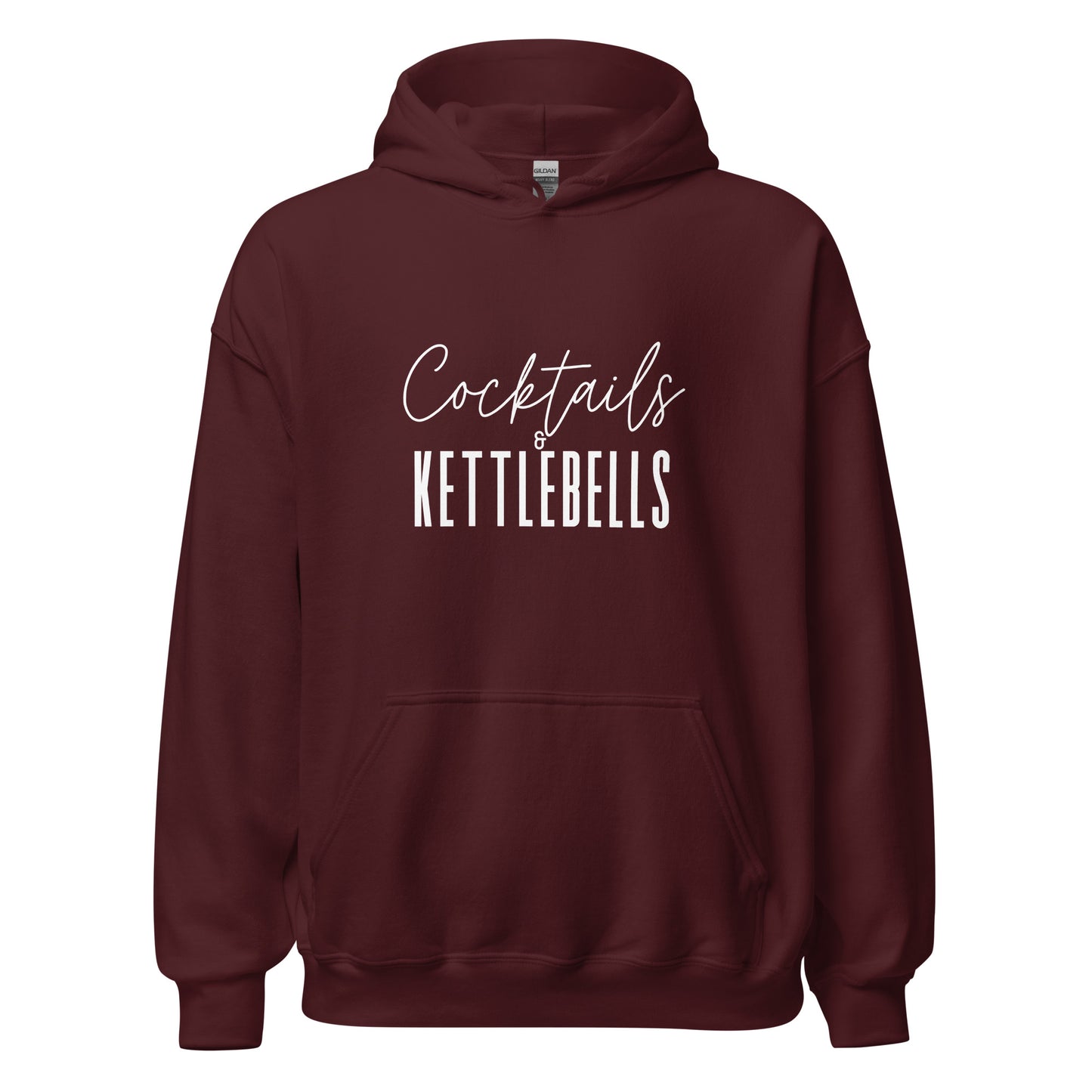 maroon hoodie with the words cocktails and kettlebells in a white font across the chest