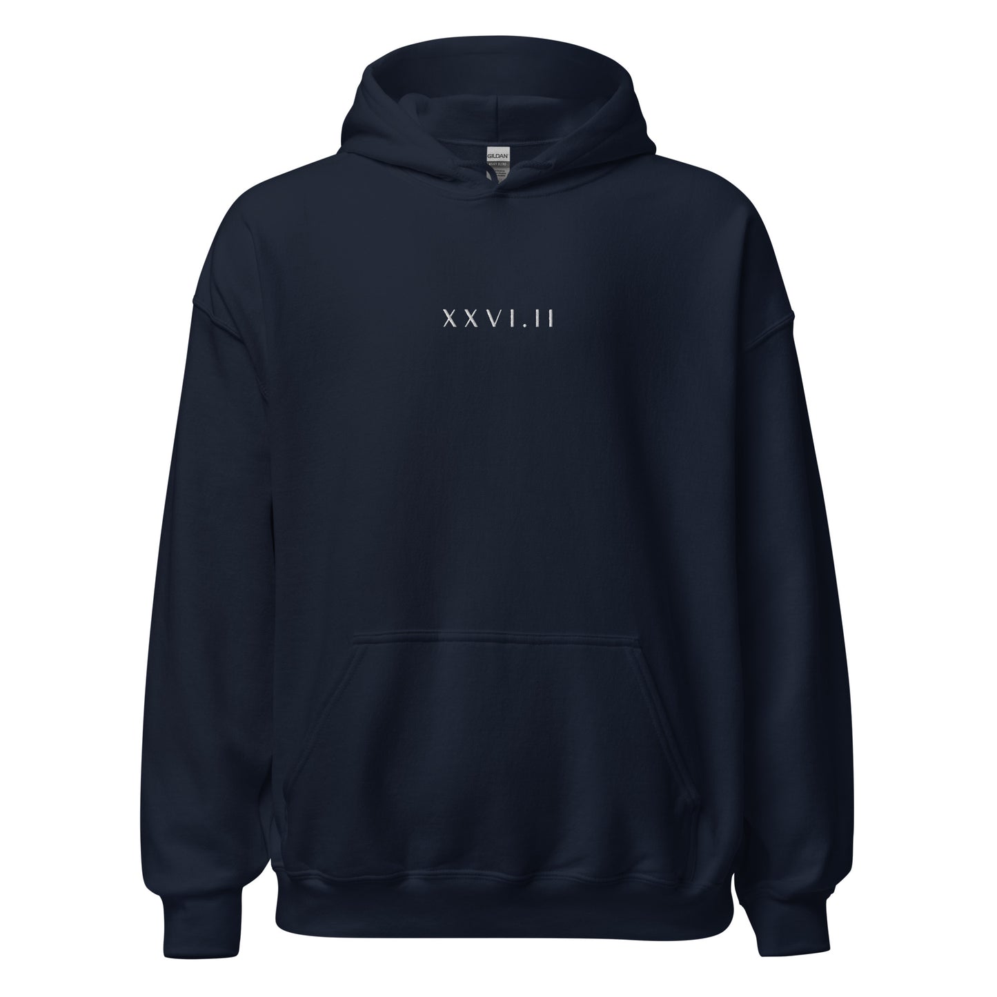 navy hoodie with XXVI.II 26.2 marathon distance in roman numerals in a small, white font embroidered across the chest