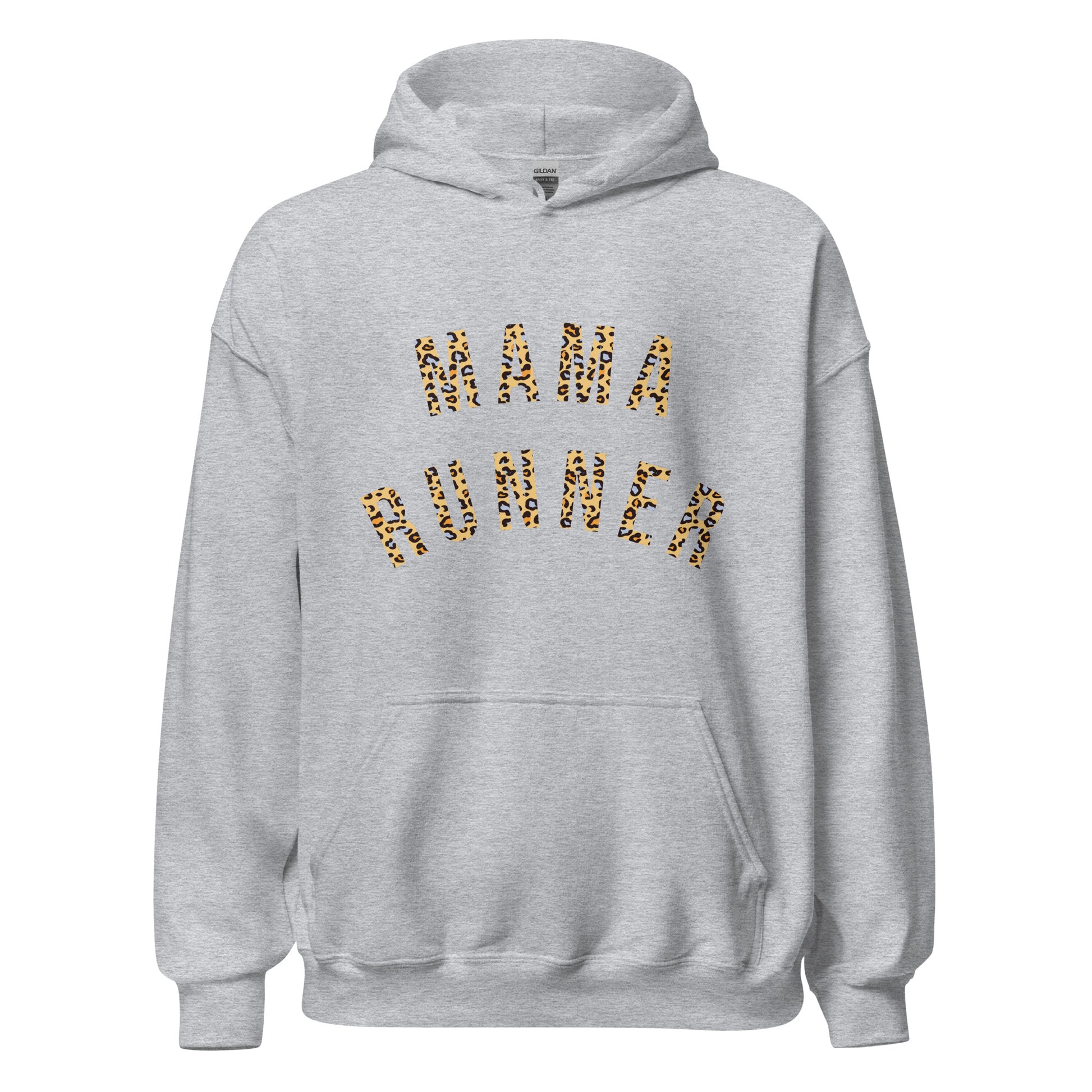 light grey hoodie with the words mama runner in a leopard print font, across the chest