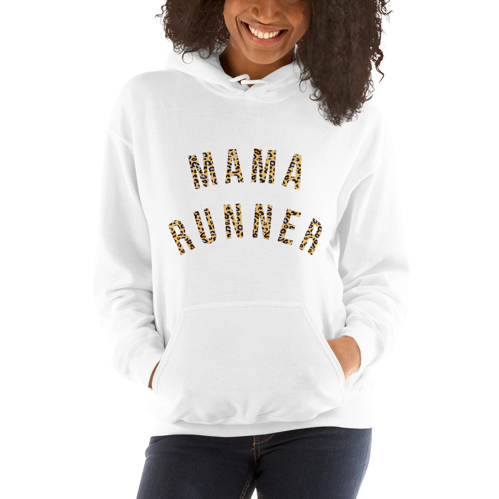 woman wearing a white hoodie with the words mama runner in a leopard print font, across the chest