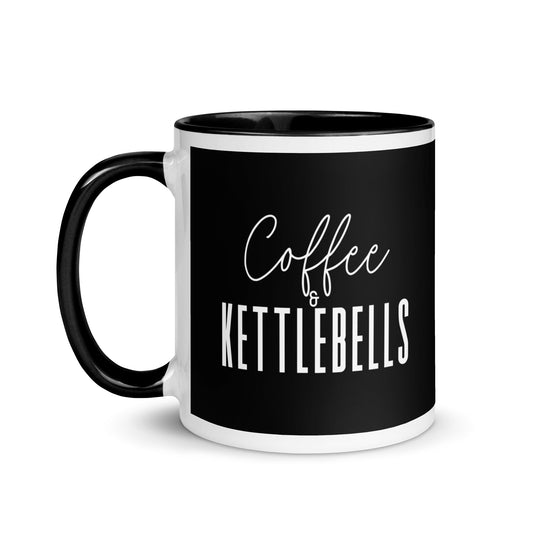 black mug with the words coffee and kettlebells in a white font
