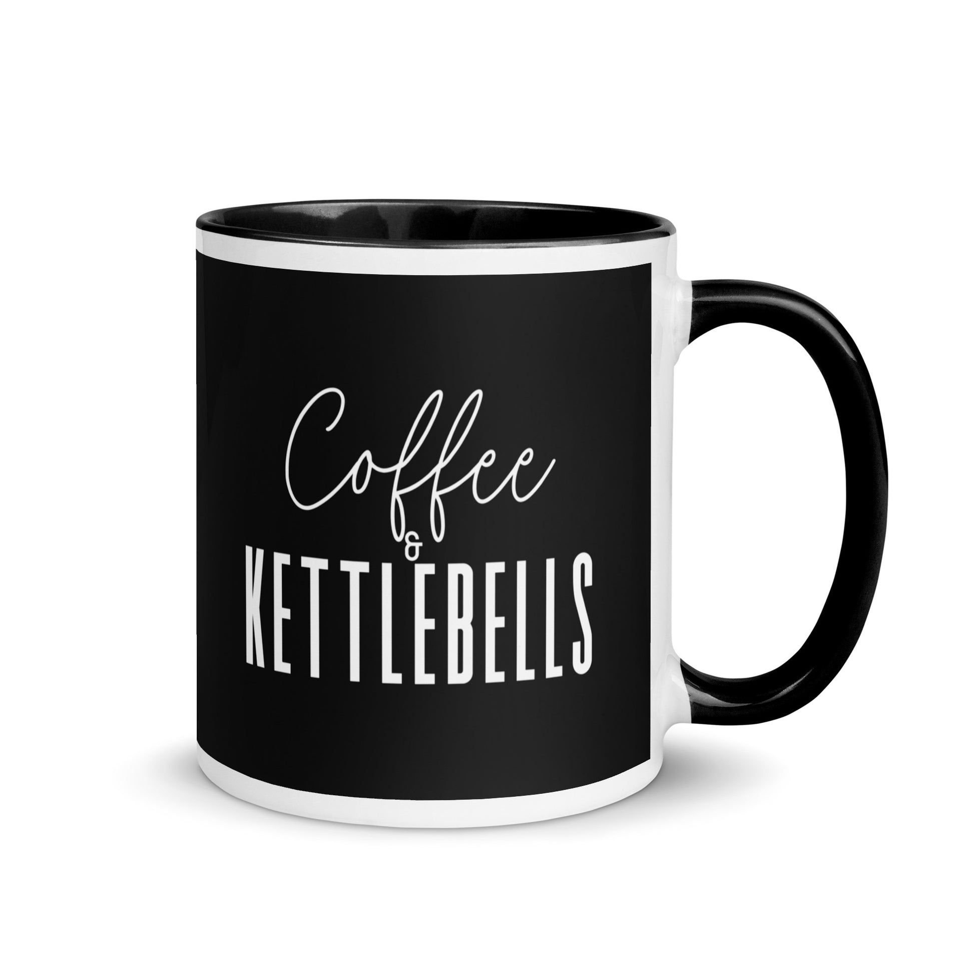 black mug with the words coffee and kettlebells in a white font