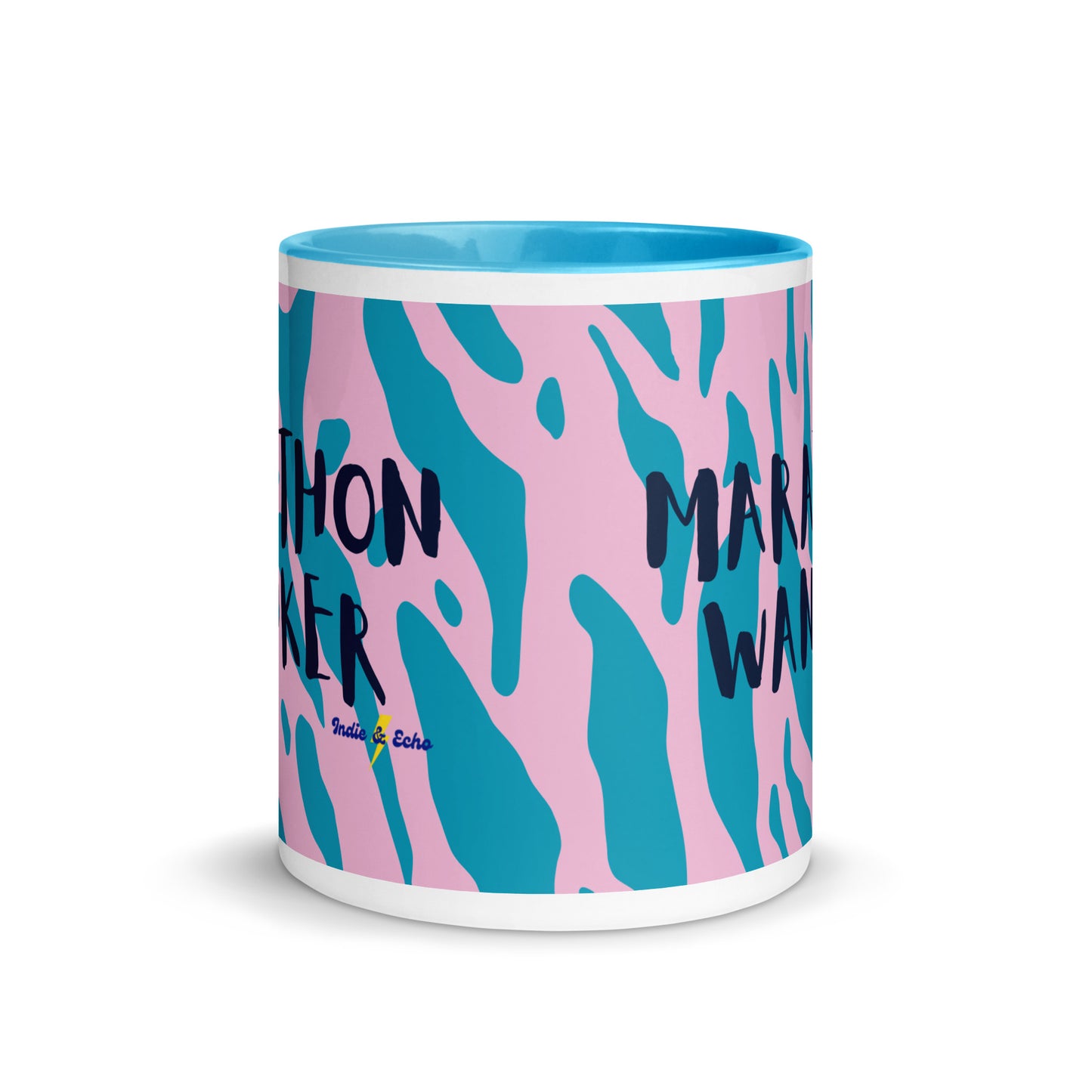 blue and white mug with marathon wanker in a bold, capitalised font over a blue and pink animal print background. 