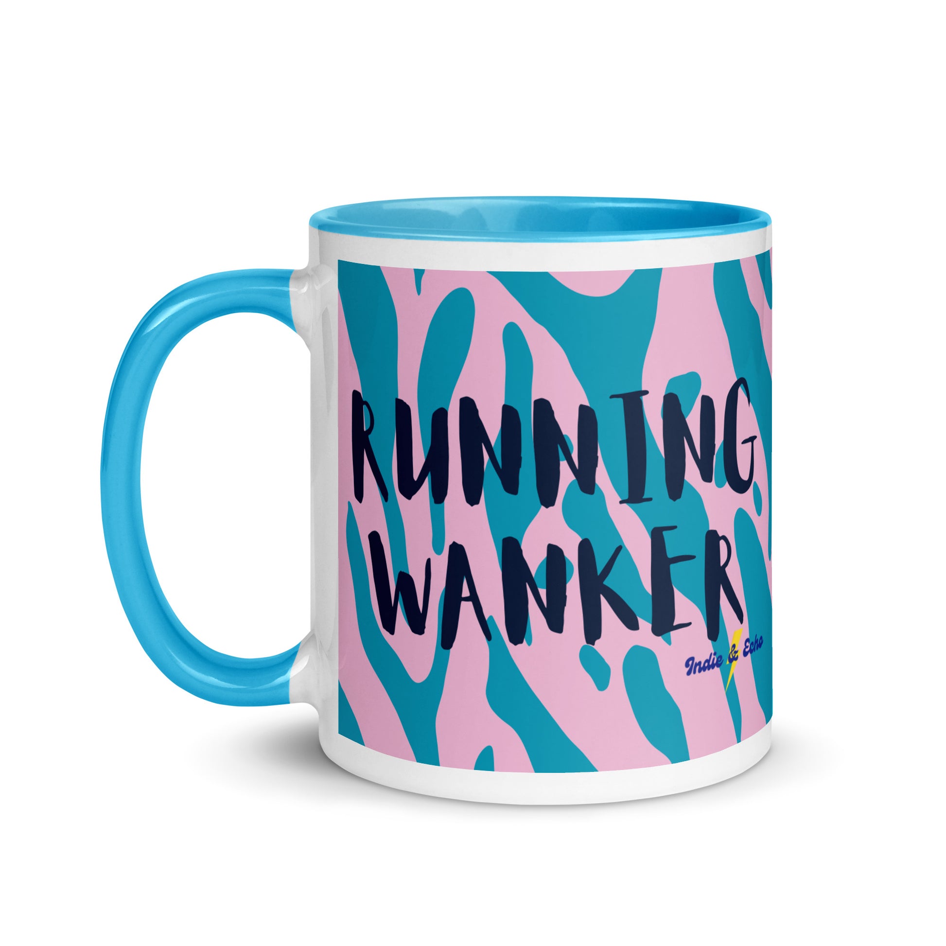 blue and white mug with running wanker in a bold capitalised font across the sides, with a pink and blue animal print background