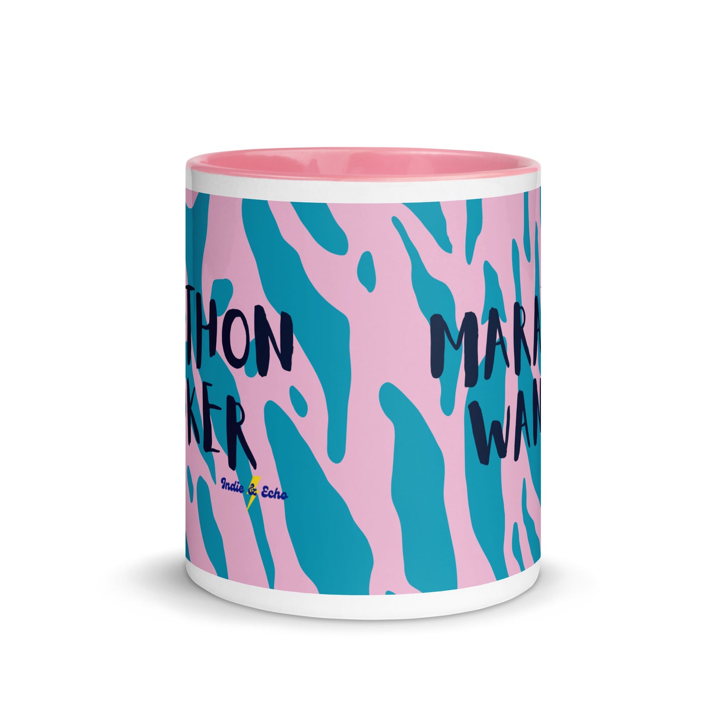 pink and white mug with marathon wanker in a bold, capitalised font over a blue and pink animal print background. 