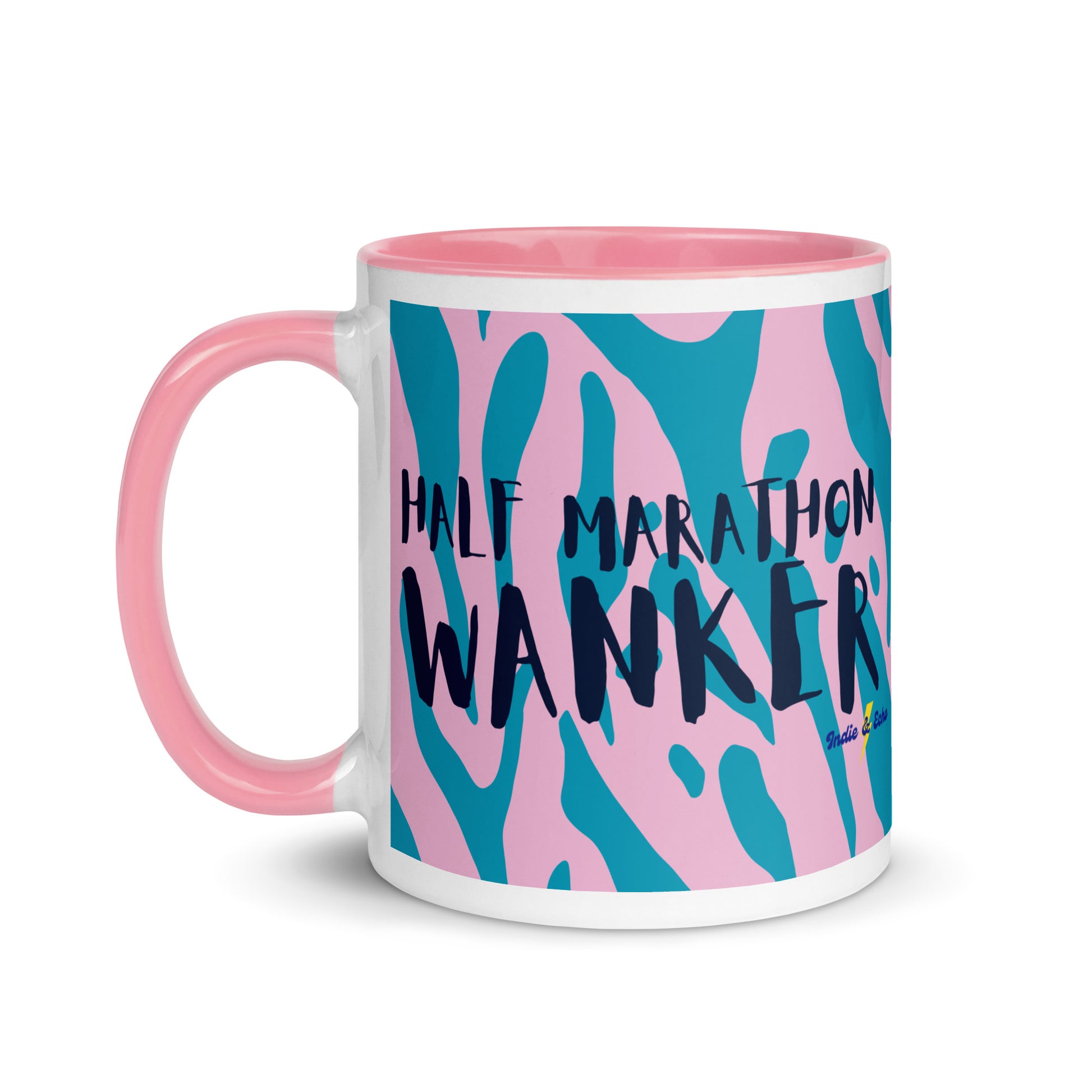 pink and white mug with half marathon wanker written across the side, with a blue and pink animal print background