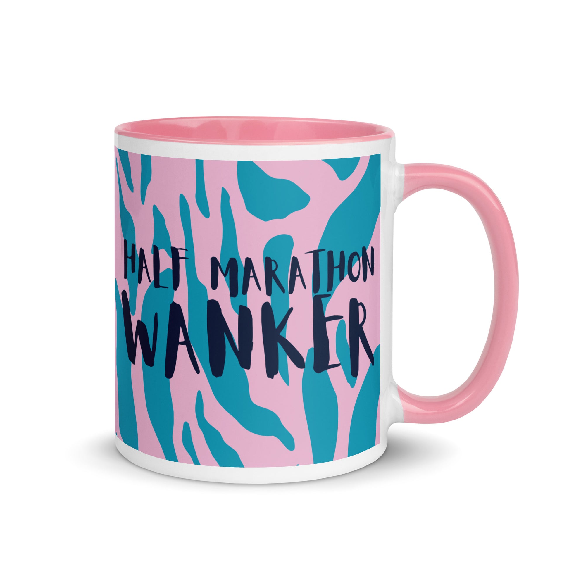 Pink and white mug with half marathon wanker written across the side, with a blue and pink animal print background